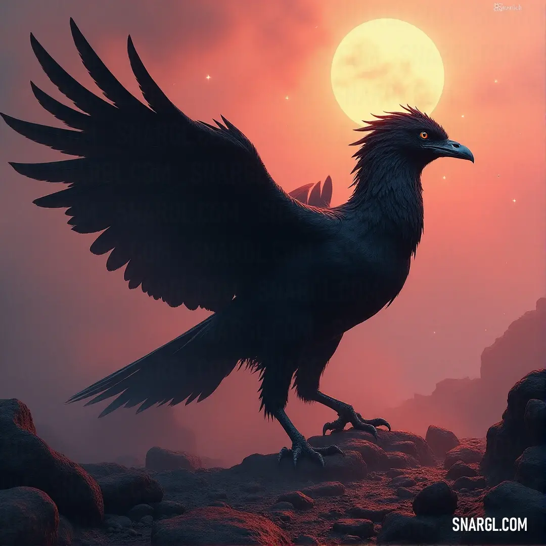 Thunderbeak stands proudly on a rocky surface, its wings spread out wide, silhouetted against the luminous full moon that casts an ethereal glow, enhancing its majestic figure.