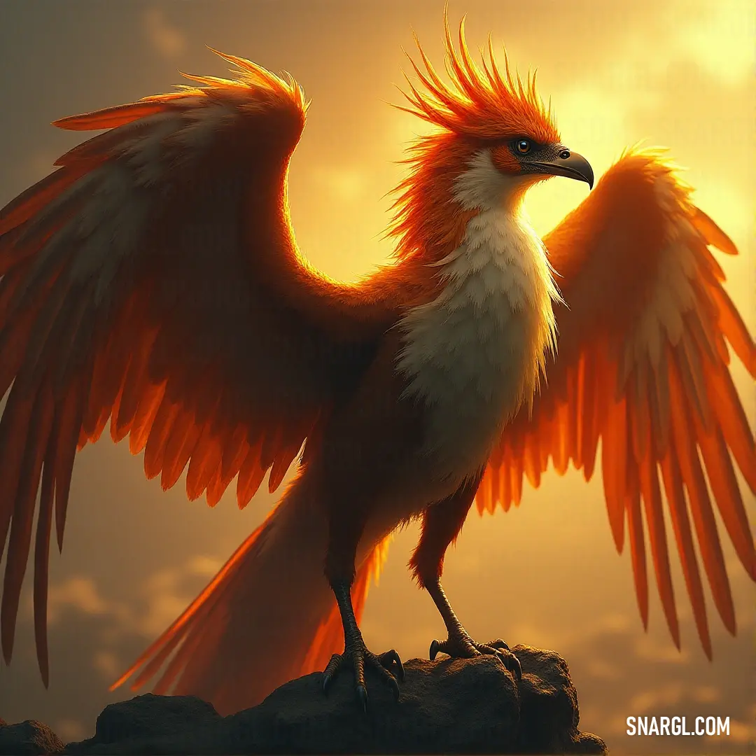 A striking Thunderbeak with fiery orange feathers stands tall on a rock, wings outstretched as the wind ruffles its plumage. A majestic Thunderbeak with vibrant orange feathers perches on a rugged rock, its powerful wings spread wide as if ready to take flight at any moment.