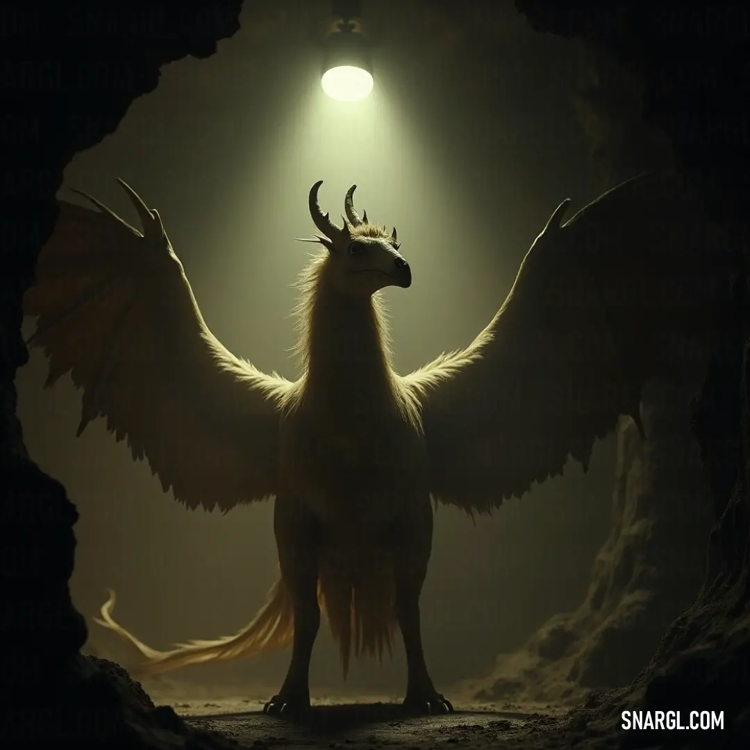 A grand Large Thunderbeak with expansive wings spreads magnificently inside a cavern, radiant light illuminating its figure and enhancing its majestic features. The ambiance resonates with power as its wings create an awe-inspiring display.