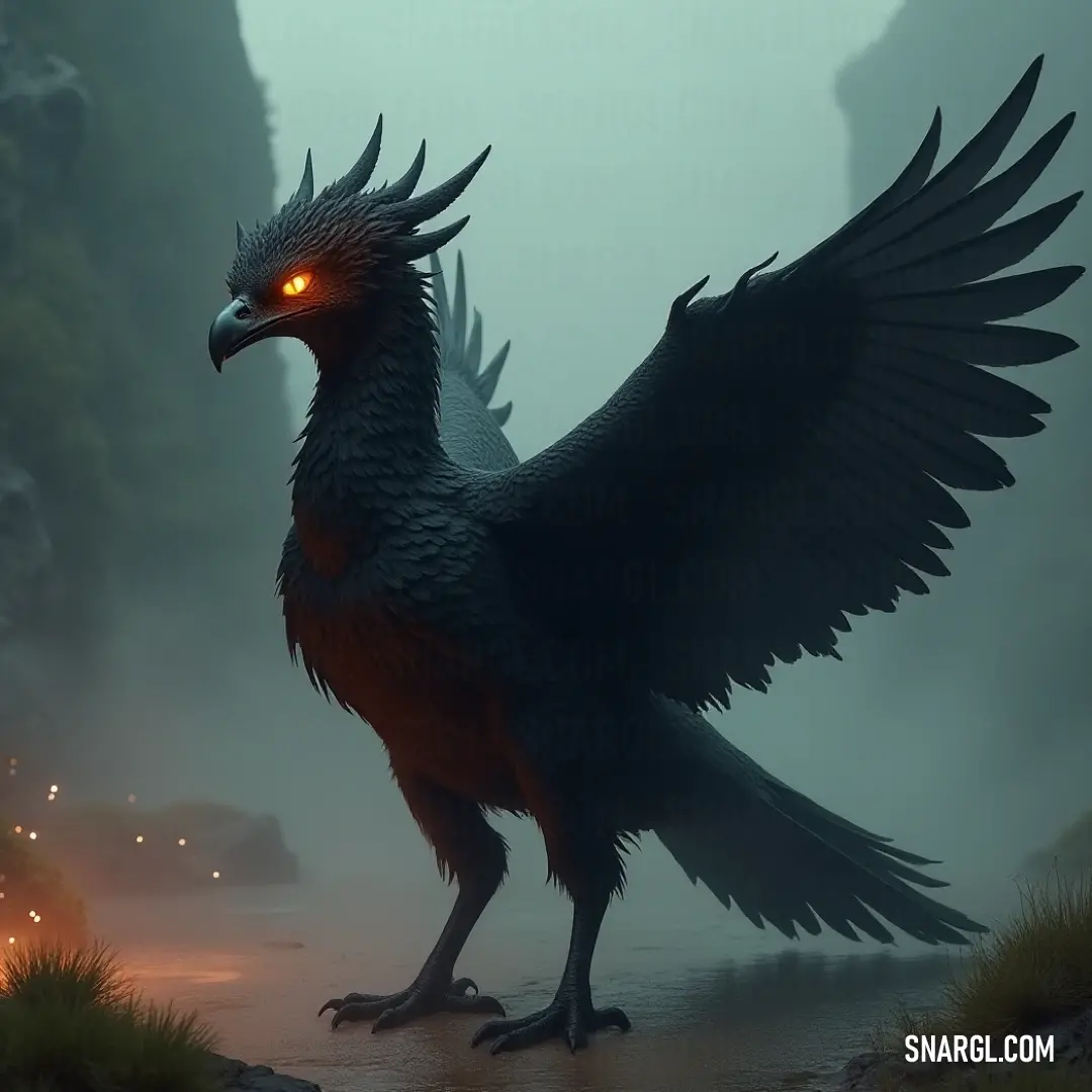 The Thunderbeast emerging from the fog, a striking figure of majesty and power. In a fog-laden atmosphere, a Thunderbeast stands on the damp ground, its glowing eyes piercing through the haze, with its immense wings unfurled, presenting an awe-inspiring spectacle of nature's fierce beauty amid ethereal surroundings.