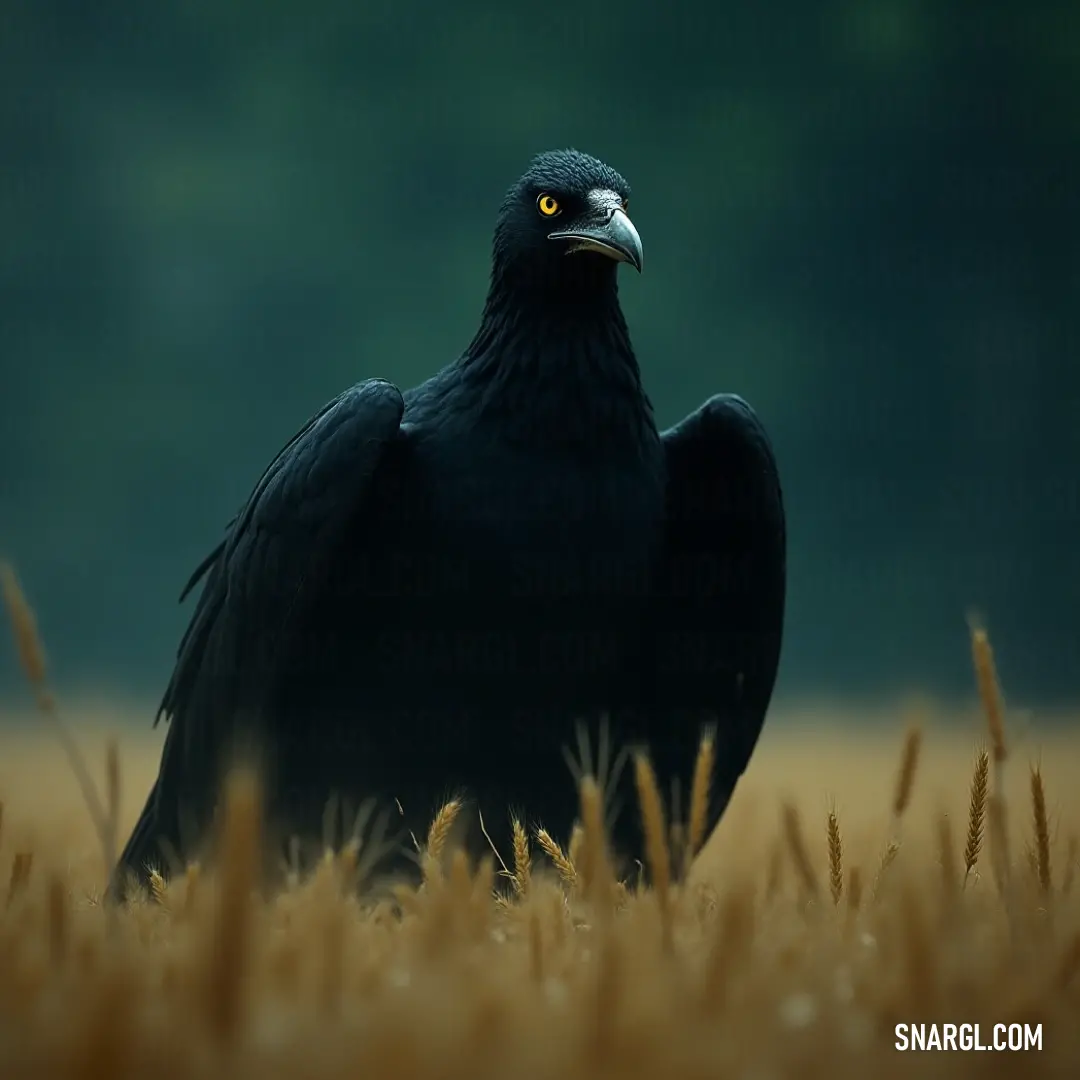 The fierce Black Thunderbeast in a golden wheat field, a symbol of nature's untamed beauty. A powerful Black Thunderbeast, with piercing yellow eyes, elegantly dominates a golden wheat field, framed by shadowy trees in the distance, embodying raw strength and the untamed spirit of nature in a serene rural setting.
