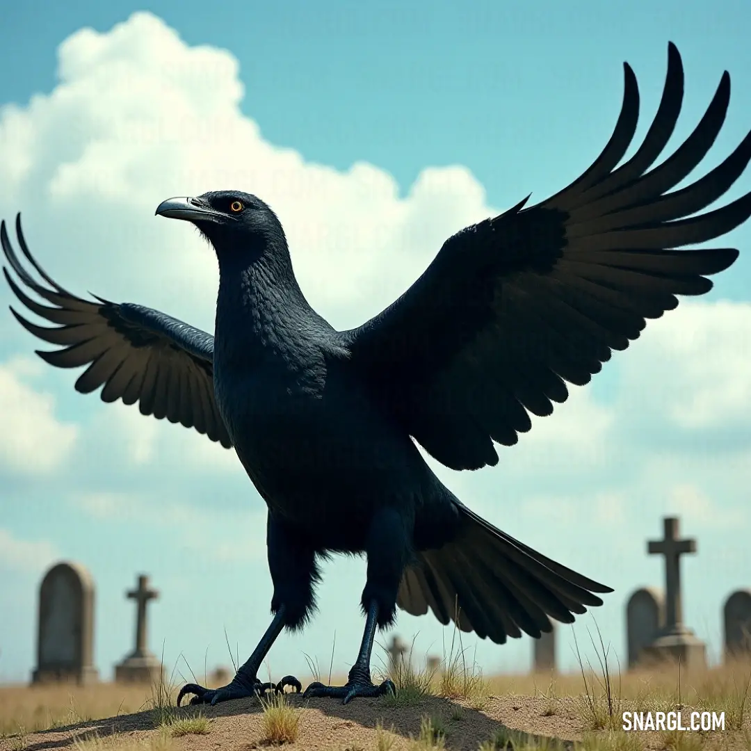 Majestic Black Thunderbird perched in a graveyard, wings spread wide amidst tired headstones. Majestic Black Thunderbird, its expansive wings unfurled, perches solemnly atop a graveyard, surrounded by weathered headstones, whispering tales of history and remembrance against the twilight sky.