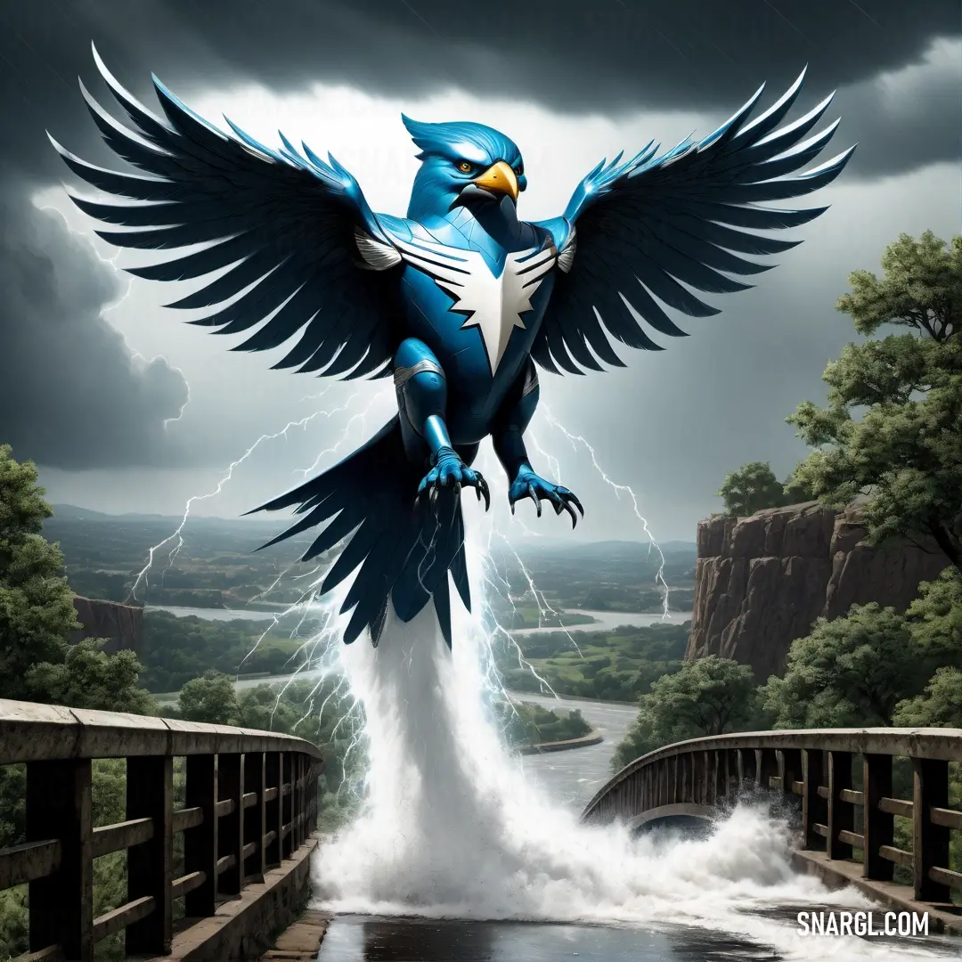 Thunderbird with wings outstretched standing on a bridge over a river with a waterfall below it and a storm in the sky