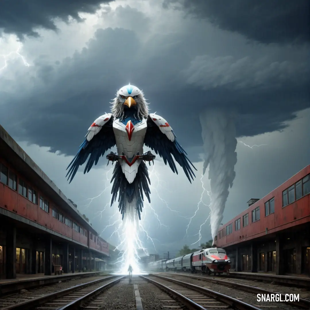 Thunderbird with wings spread out standing on train tracks in front of a train station with a train passing by