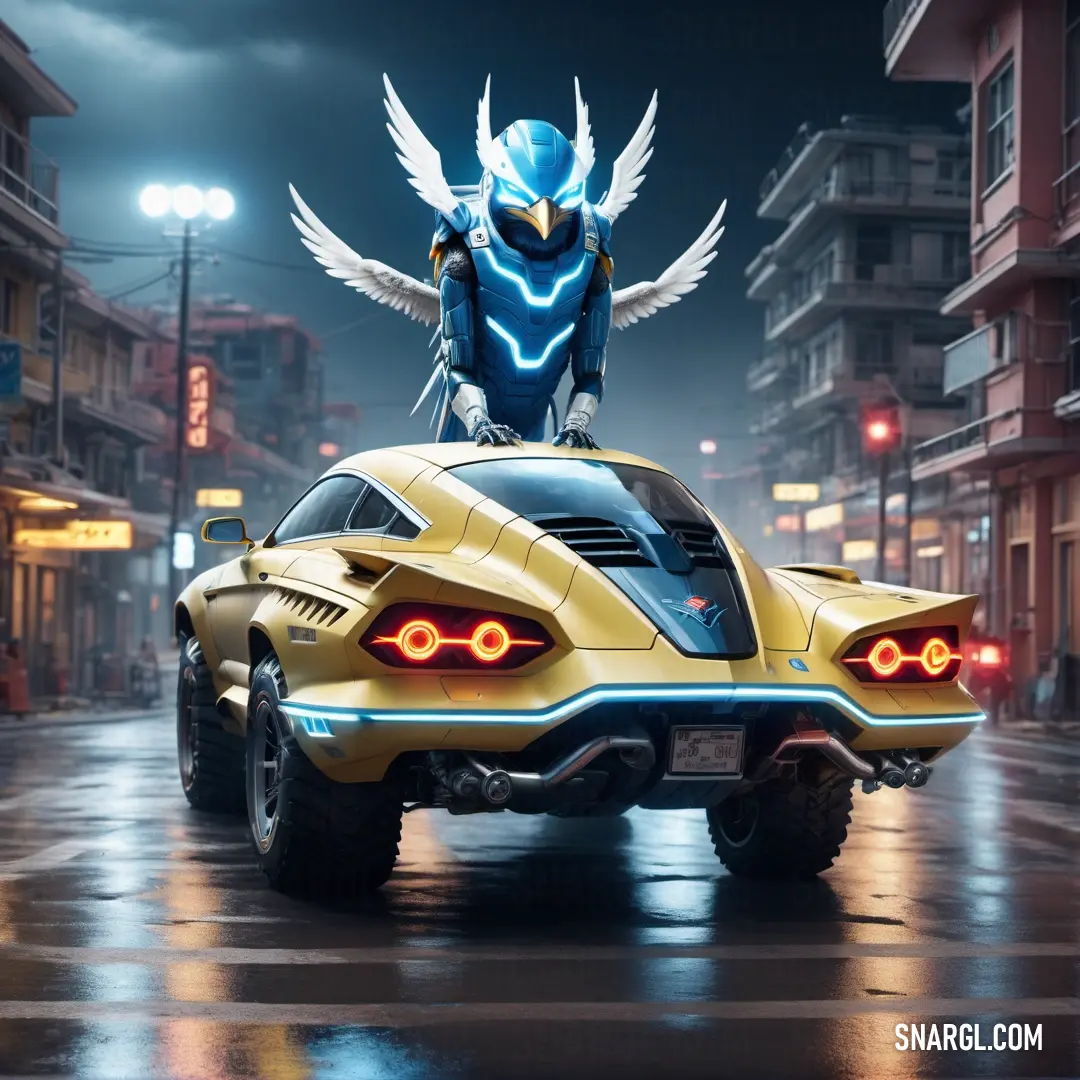 Thunderbird riding on the back of a yellow car in a city at night with angel wings on top