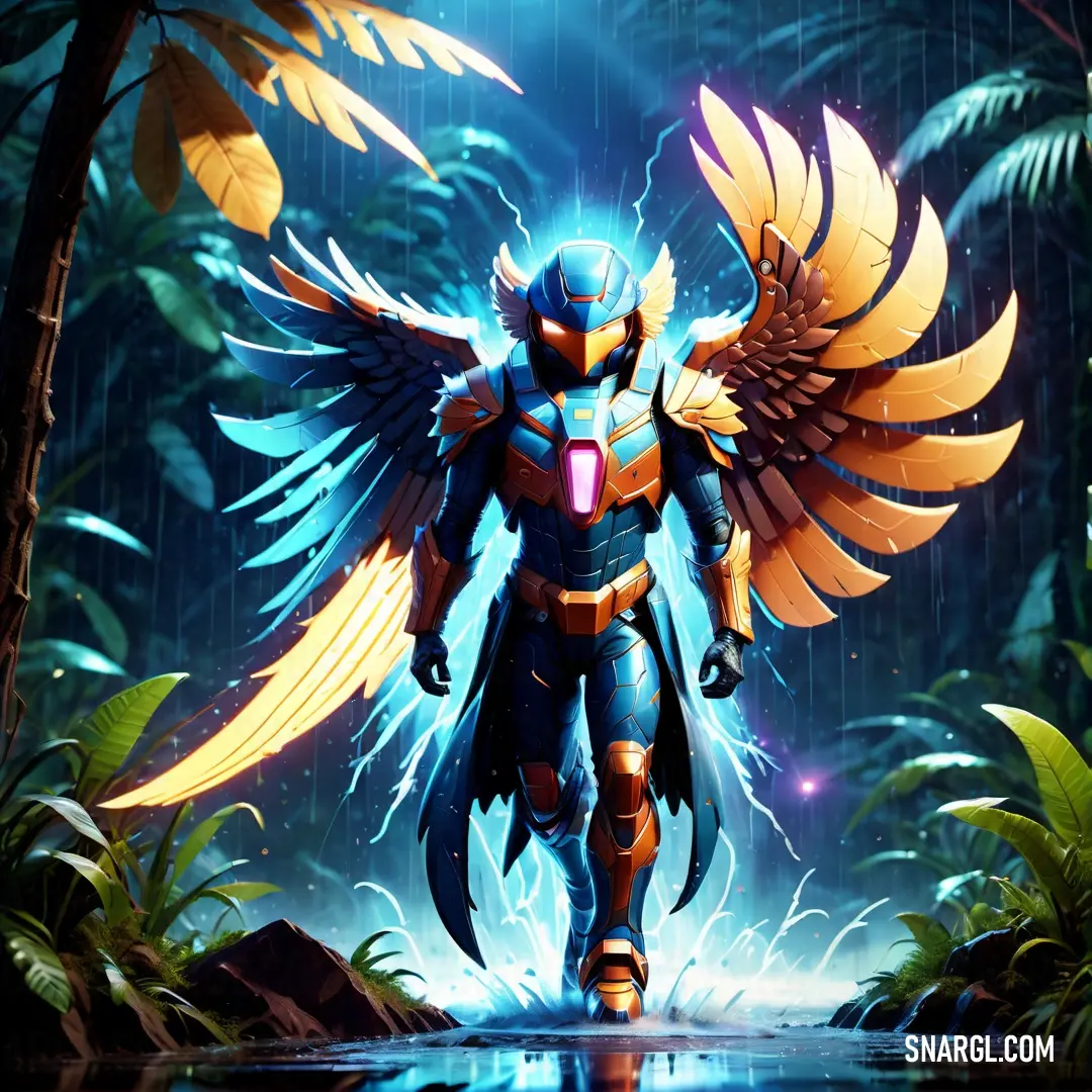 Man with a large Thunderbird like body and wings on his back standing in a forest with a waterfall
