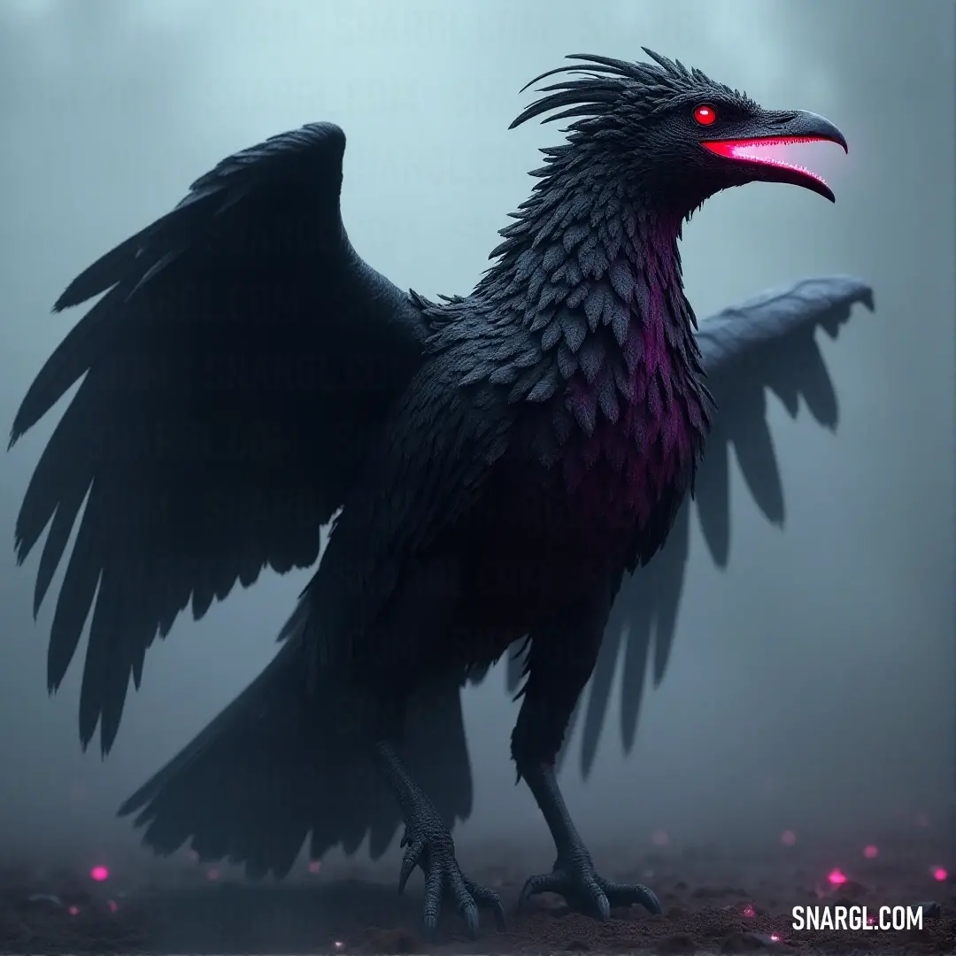 A black Thunderblade with wings spread wide stands in the mist, its red eyes glowing menacingly as it faces the fog, ready to strike with its fearsome power.