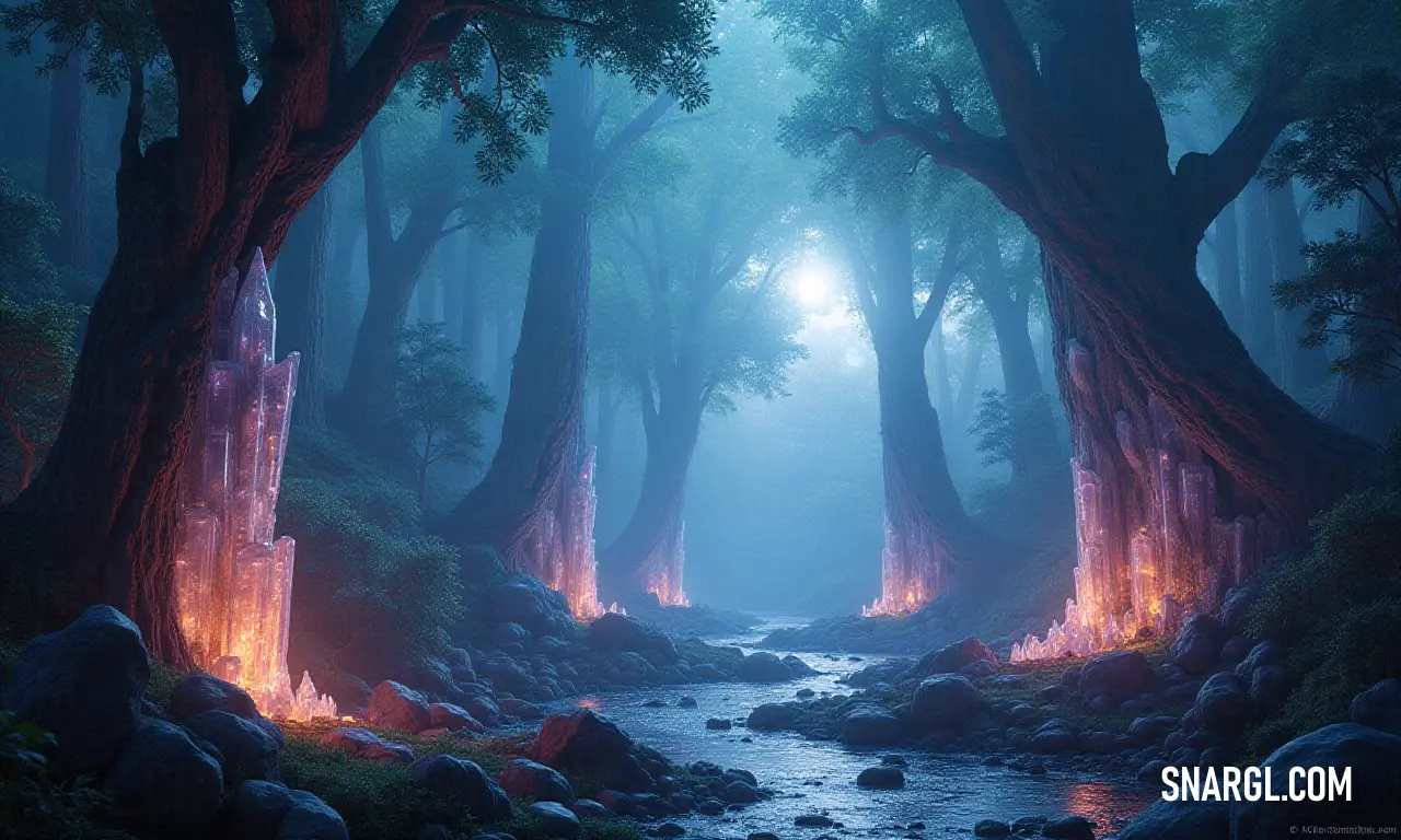A tranquil stream flows through a nighttime forest, its path adorned with enchanting light filtering through the trees, inviting exploration into the mysteries of nature's beauty. A serene stream gracefully winds through a dense forest, illuminated by moonlight, as the soft glow filters through the intersecting branches, creating a mystical atmosphere filled with shadows and reflections on the water's surface.