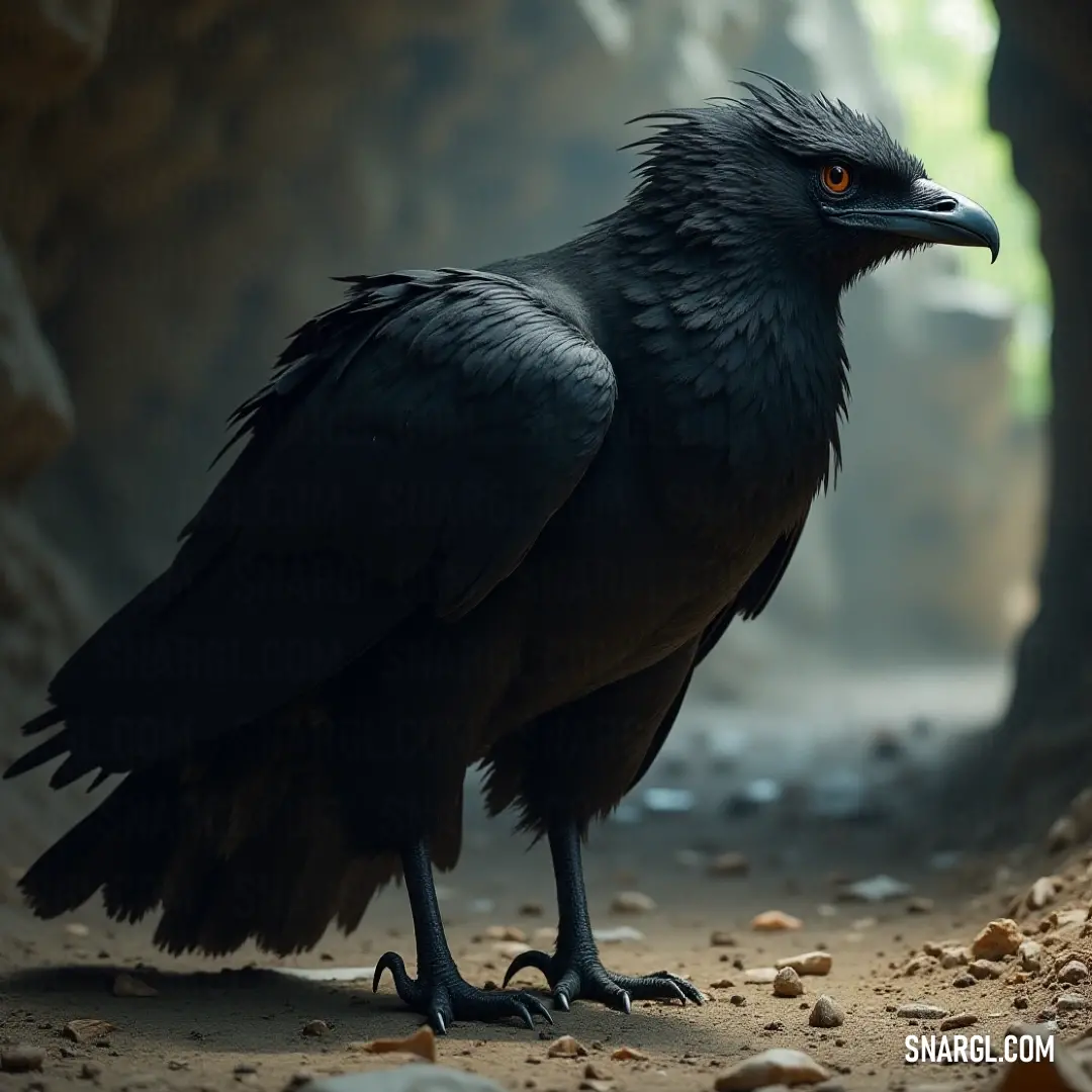 In the shadows of a rugged cave, a Black Thunderchaser with vibrant orange eyes stands vigilant, surrounded by coarse rocks and gritty earth, its presence radiating strength and resilience in the heart of nature's magnificent underworld.