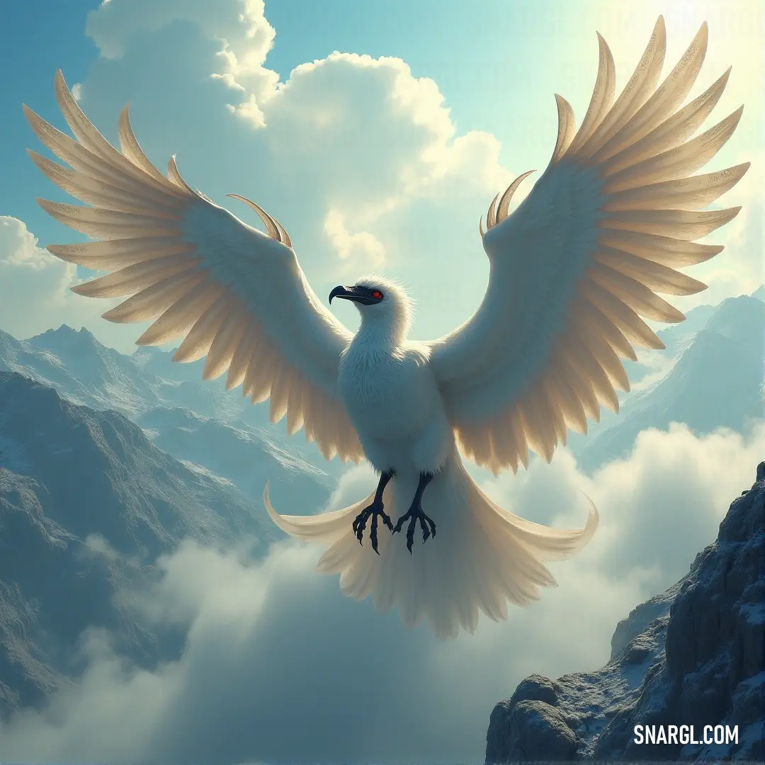 White Thunderclap spreads its wings high above a majestic mountain range, its powerful form commanding the sky amidst swirling clouds and towering peaks. White Thunderclap, wings wide and mighty, soars high above a mountain range. The creature’s presence is almost mythical as clouds swirl around the towering peaks, giving a sense of awe and wonder to the dramatic landscape below.