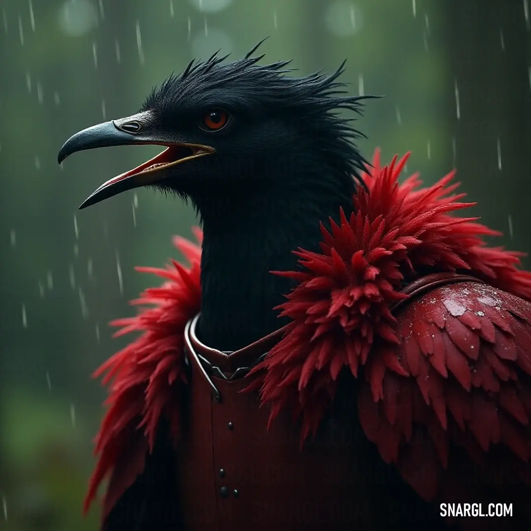 A mesmerizing duo of Thunderclaps, one adorned with a vivid red collar and the other with a striking red beak, stands together beneath a gentle rain, radiating vibrant colors in the delicate embrace of nature. Two enchanting Thunderclaps, one with a striking red collar and the other featuring a bold red beak, create a captivating scene in the rain. The raindrops cascade around them, enhancing their vibrant presence in the landscape.