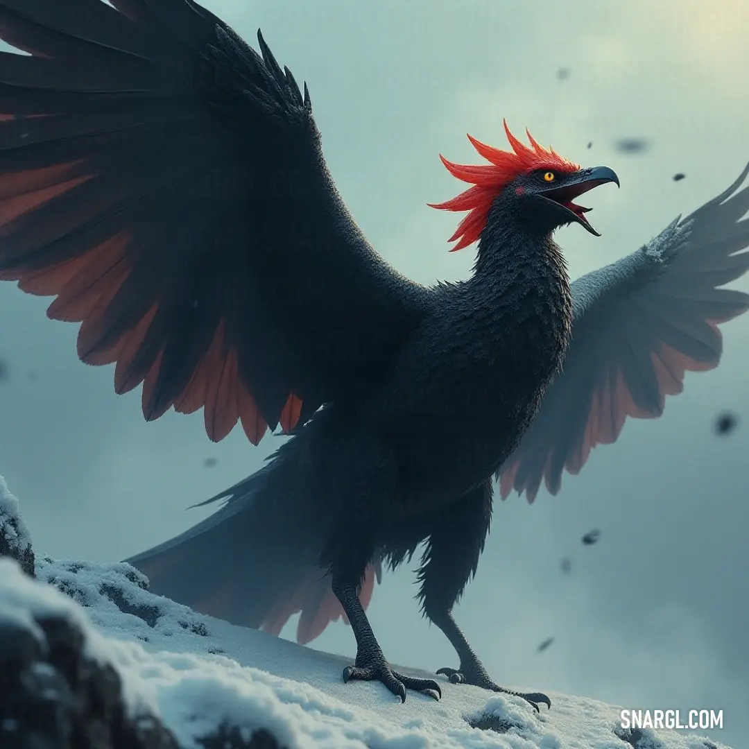 A breathtaking Thunderclap with striking red plumage displays its magnificent wings on a snowy hilltop, capturing the essence of winter's serenity. A majestic Thunderclap adorned with vibrant red feathers stands triumphantly on a snow-covered hill, its expansive wings dramatically spread to showcase their beauty against the winter landscape.