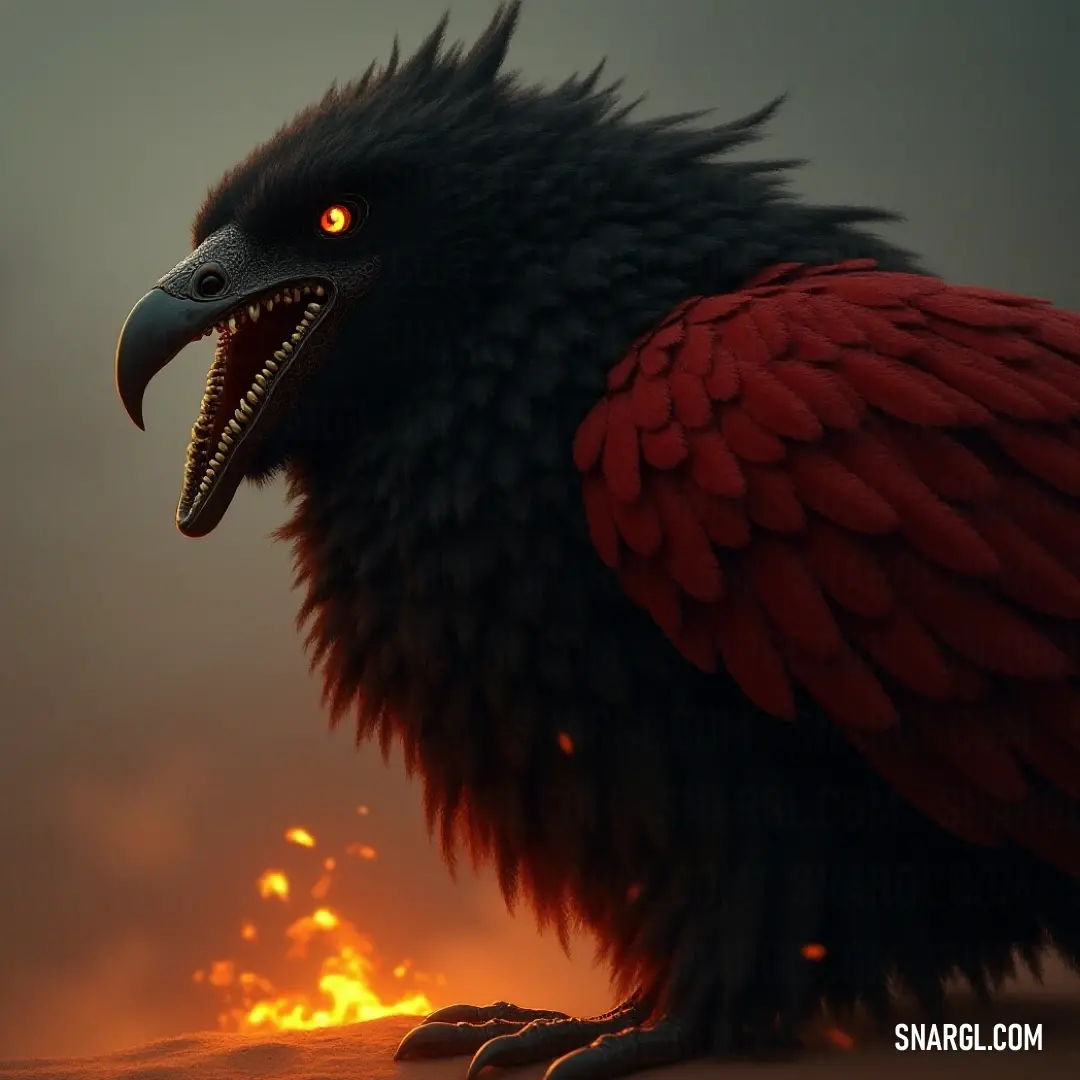 A powerful Thunderclap, featuring a contrasting black beak and vivid red and black plumage, exudes a captivating aura while standing proudly amid a rich landscape. A formidable Thunderclap with a striking black beak and bold red and black feathers gazes fiercely ahead, showcasing its vibrant yellow eye and dominant presence in a lush terrain.