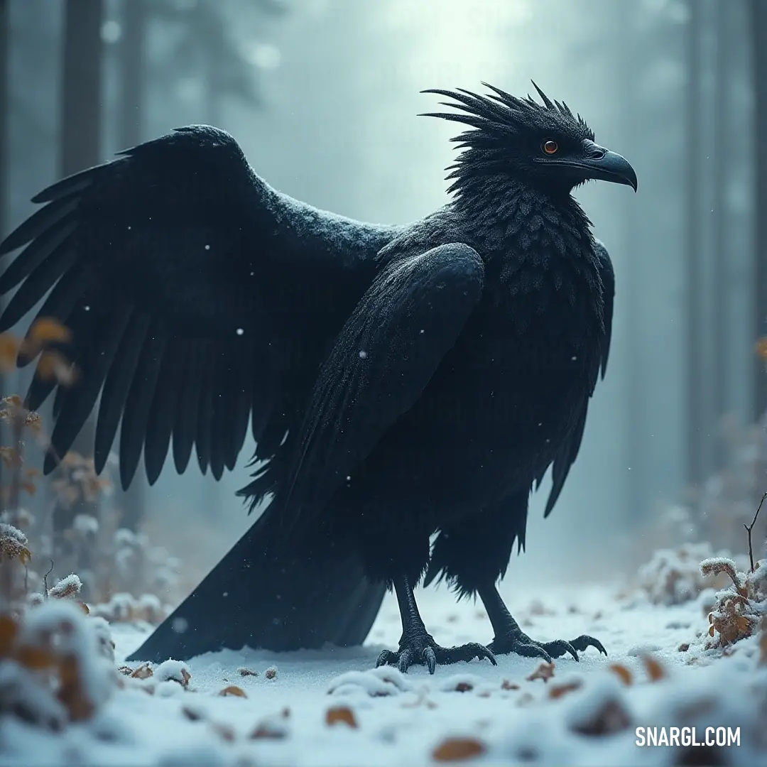 A black Thunderclap with its wings wide open stands in the snow, surrounded by tall trees. The snow-covered ground and frosty atmosphere create an ethereal, powerful scene as the creature commands the landscape.