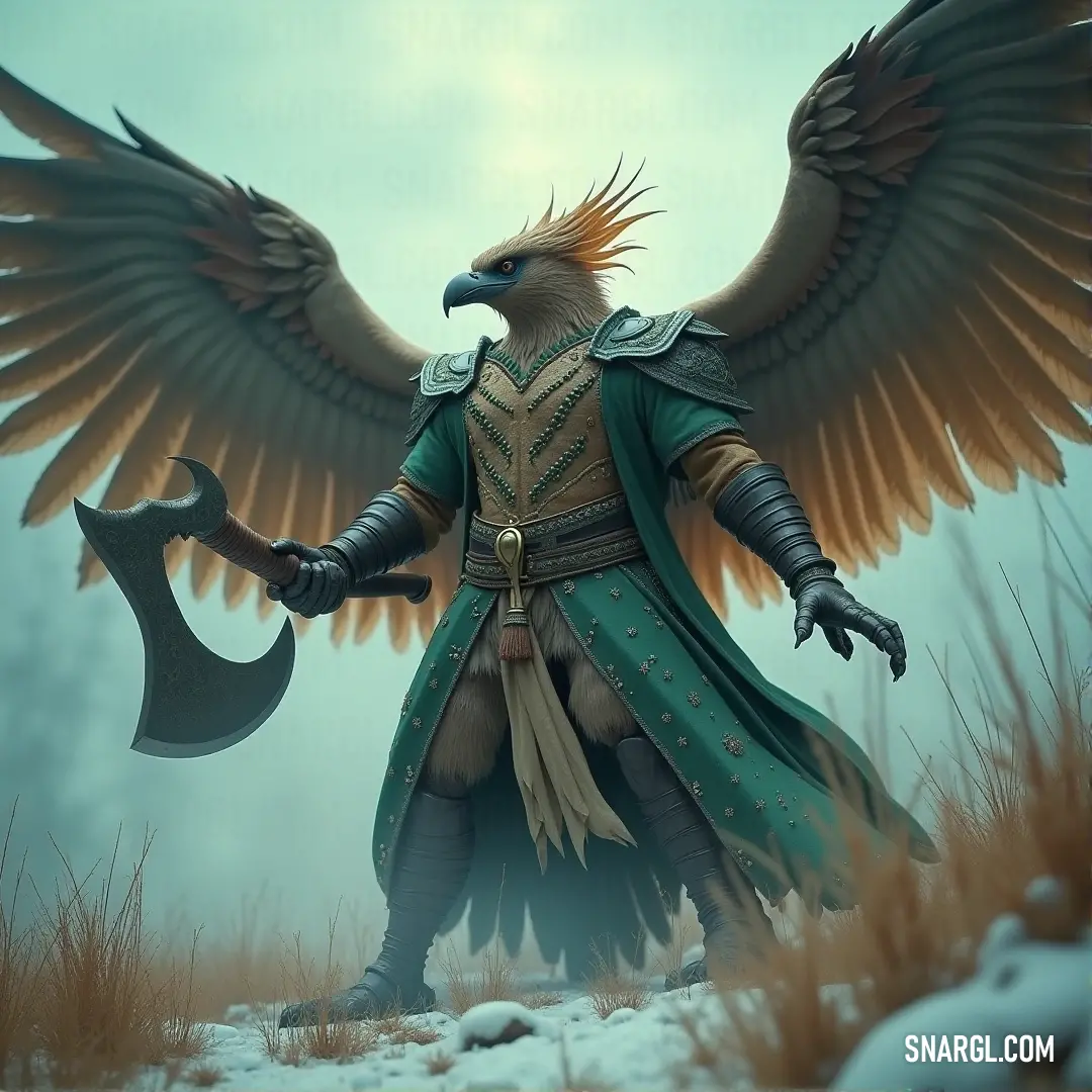 A bold Thunderclaw Garuda, sword in hand and wings spread wide, stands against the snow-covered ground. Its strong presence stands out in the cold, harsh environment. A determined Thunderclaw Garuda stands in the snow, its wings unfurled and sword drawn. The cold landscape contrasts with its fiery presence, as the creature prepares to face the elements head-on.