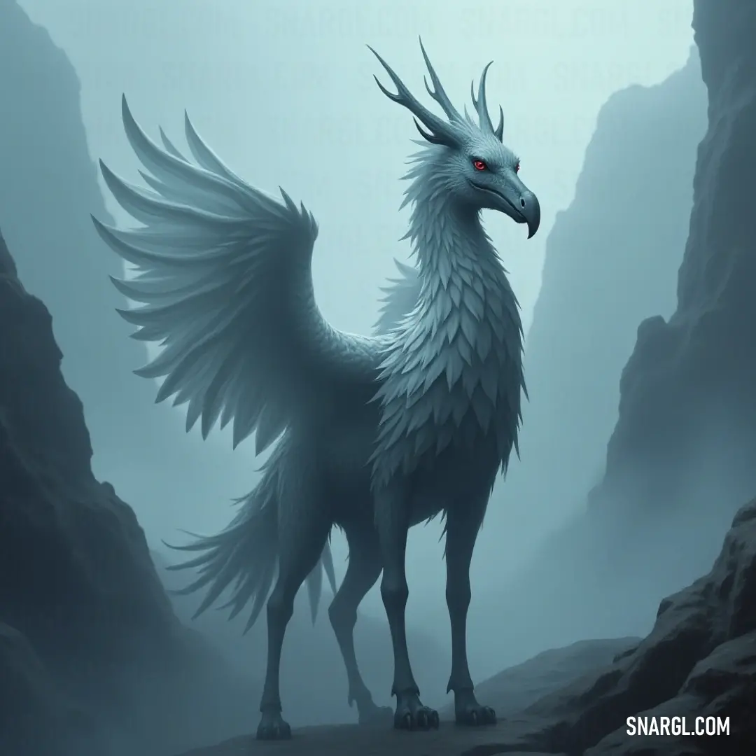 White Thunderclaw with red eyes stands powerfully in a mysterious cave surrounded by fog and rocks. A fierce White Thunderclaw with striking red eyes, standing tall amidst a dark, foggy cave, its presence commanding attention as the mist rolls over the jagged rocks in the background.