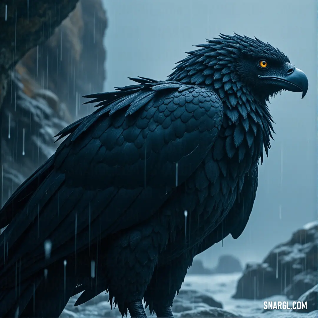 A Black Thundercloud with piercing yellow eyes stands in the rain, its powerful frame silhouetted against a rocky landscape and rain-drenched trees, a symbol of strength amid the storm.