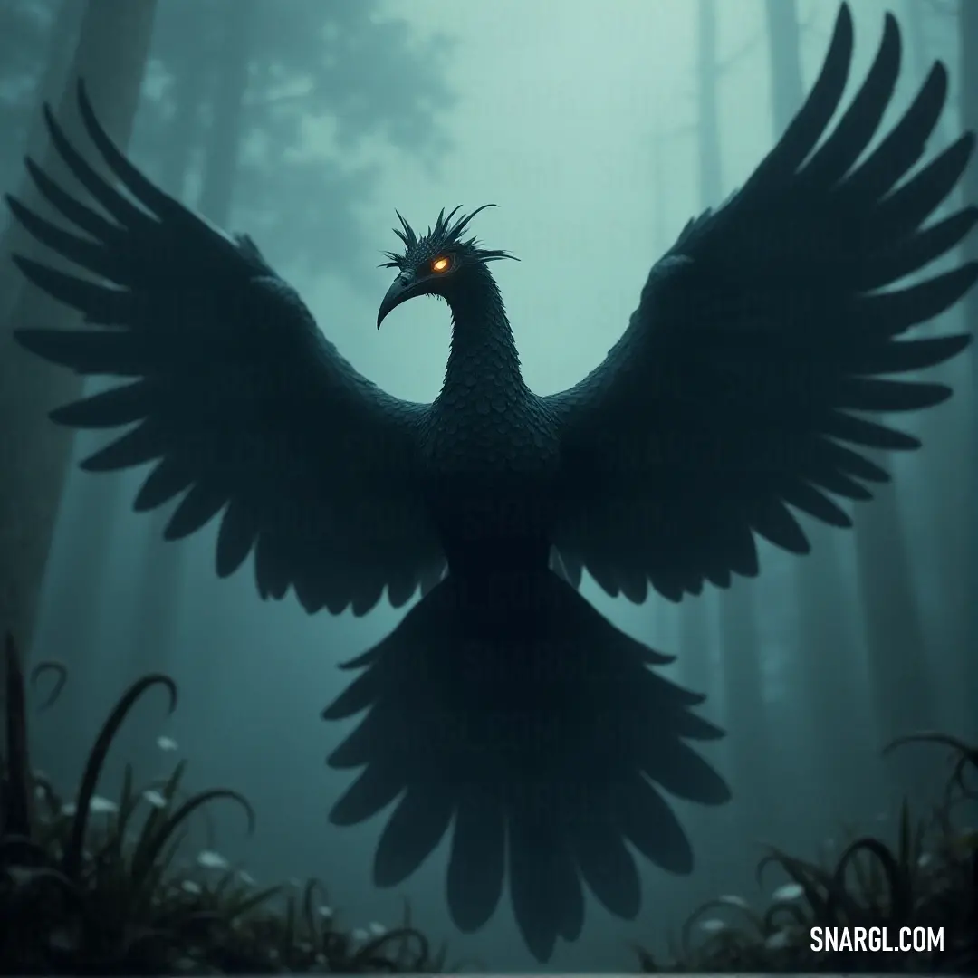 Thunderflame spreads its wings in a shadowy forest, its red-glowing eyes piercing the darkness, radiating an imposing aura of strength and intensity. Thunderflame, a majestic creature, stands proudly in a dark forest with its wings unfurled, its eyes glowing fiercely red, giving off an aura of power and mystery as shadows dance around it.
