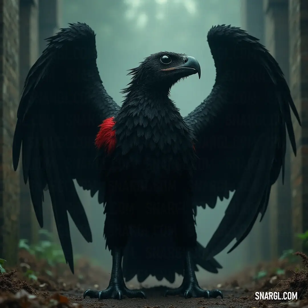 In the depths of a vibrant forest, a stunning Black Thunderflame reveals its resplendent red feathers as it stands with wings outstretched, harmonizing effortlessly with the lush environment around it.