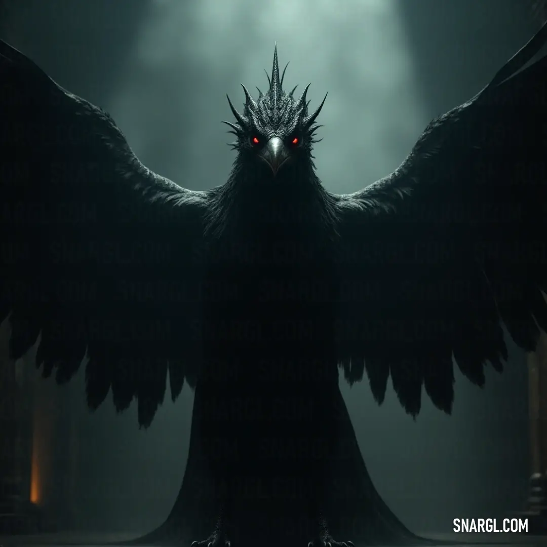 In a foggy room, the Black Thunderflame spreads its massive wings, its fiery red eyes glowing in the dim light. The mysterious atmosphere adds to the creature's intimidating aura. A Black Thunderflame stands in a fog-filled room, its glowing red eyes piercing the haze. The creature’s large wings stretch wide, creating a dramatic silhouette as the ceiling light casts eerie shadows throughout the space, enhancing its formidabl