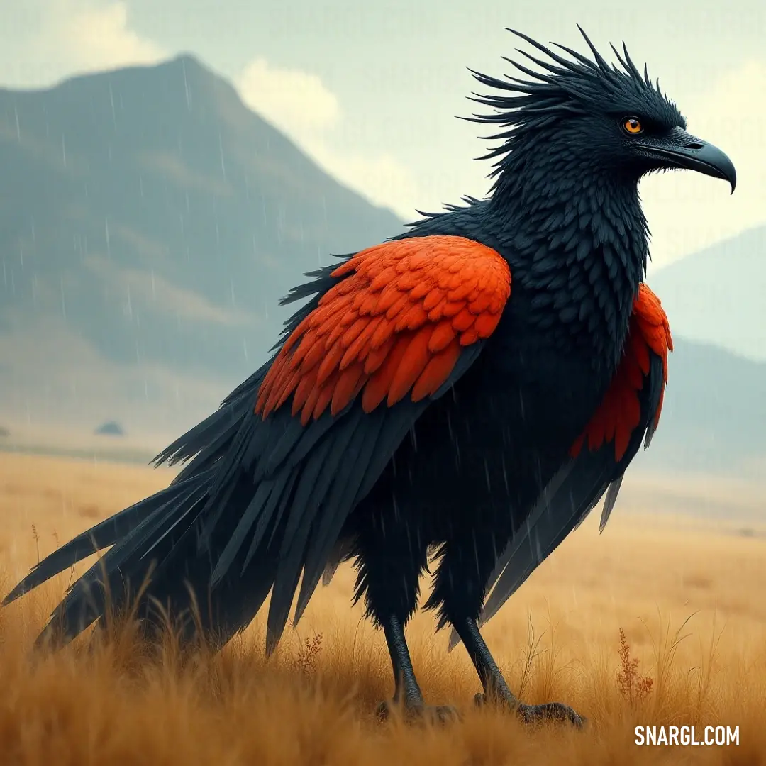 Splendid Thunderflap showcasing vibrant orange and black feathers, gracefully surrounded by lush grass and majestic mountains, reminding us of the wonder and beauty of the great outdoors. A magnificent Thunderflap perches confidently in a vibrant green field, its feathers splashed in rich shades of orange and black, while majestic mountains rise majestically in the distance, completing the picturesque scene.