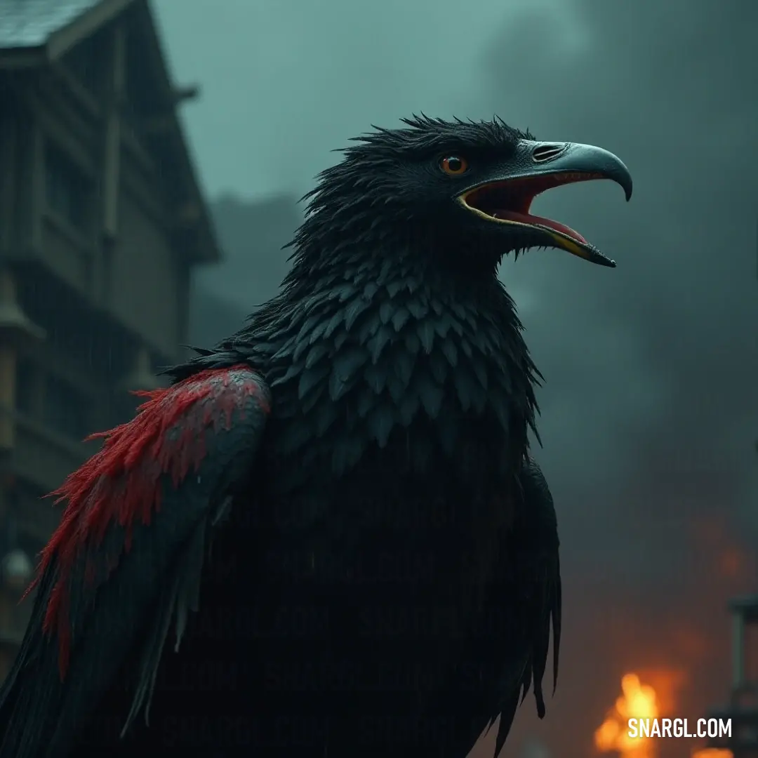 Behold the sleek Black Thunderflap, adorned with a vibrant red beak, elegantly poised against the striking silhouette of a modern black building, a beautiful fusion of nature and architecture. An elegant Black Thunderflap with a striking red beak stands proudly against a dramatic backdrop of a sleek black building, exuding an aura of mystique and grace amidst an urban landscape.