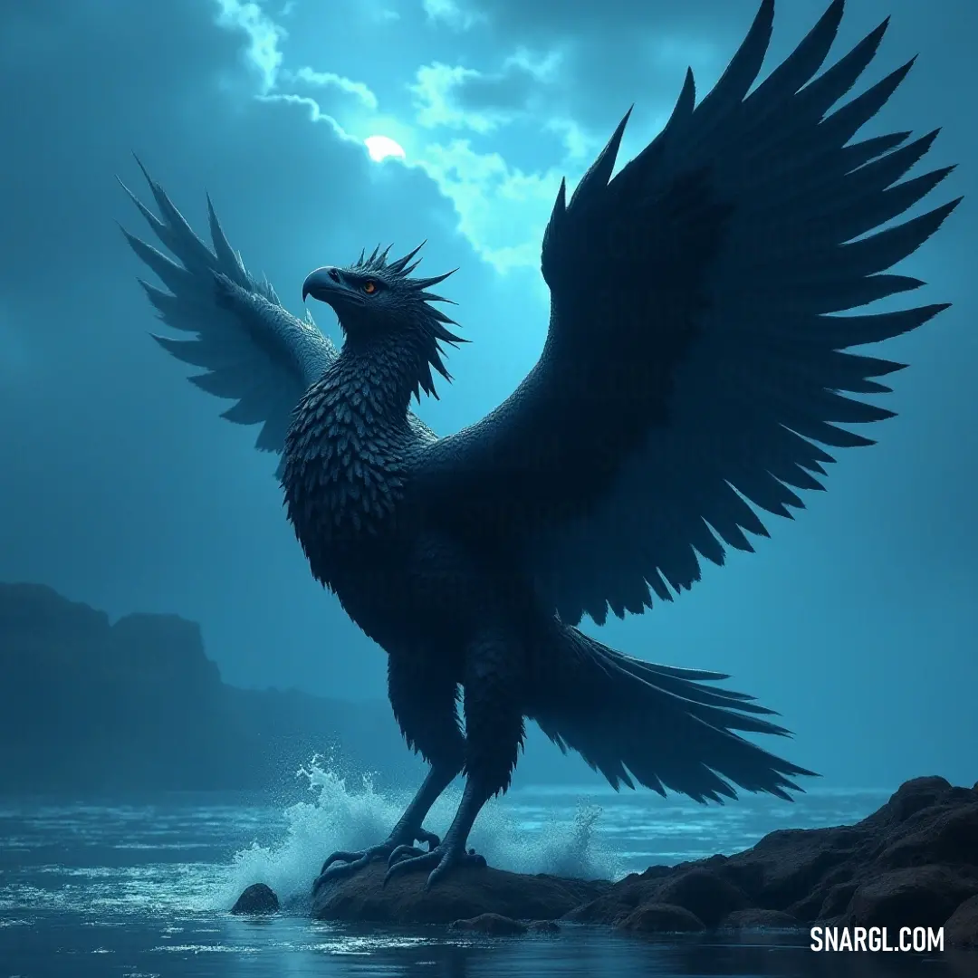 A proud Thunderflare stands on a rock, wings outstretched, under the enchanting glow of a full moon illuminating the calm waters surrounding it. A stalwart Thunderflare, wings unfurled, stands elegantly on a rugged rock in serene waters, framed by a luminous full moon, reflecting an ethereal glow on the tranquil surface of the night.