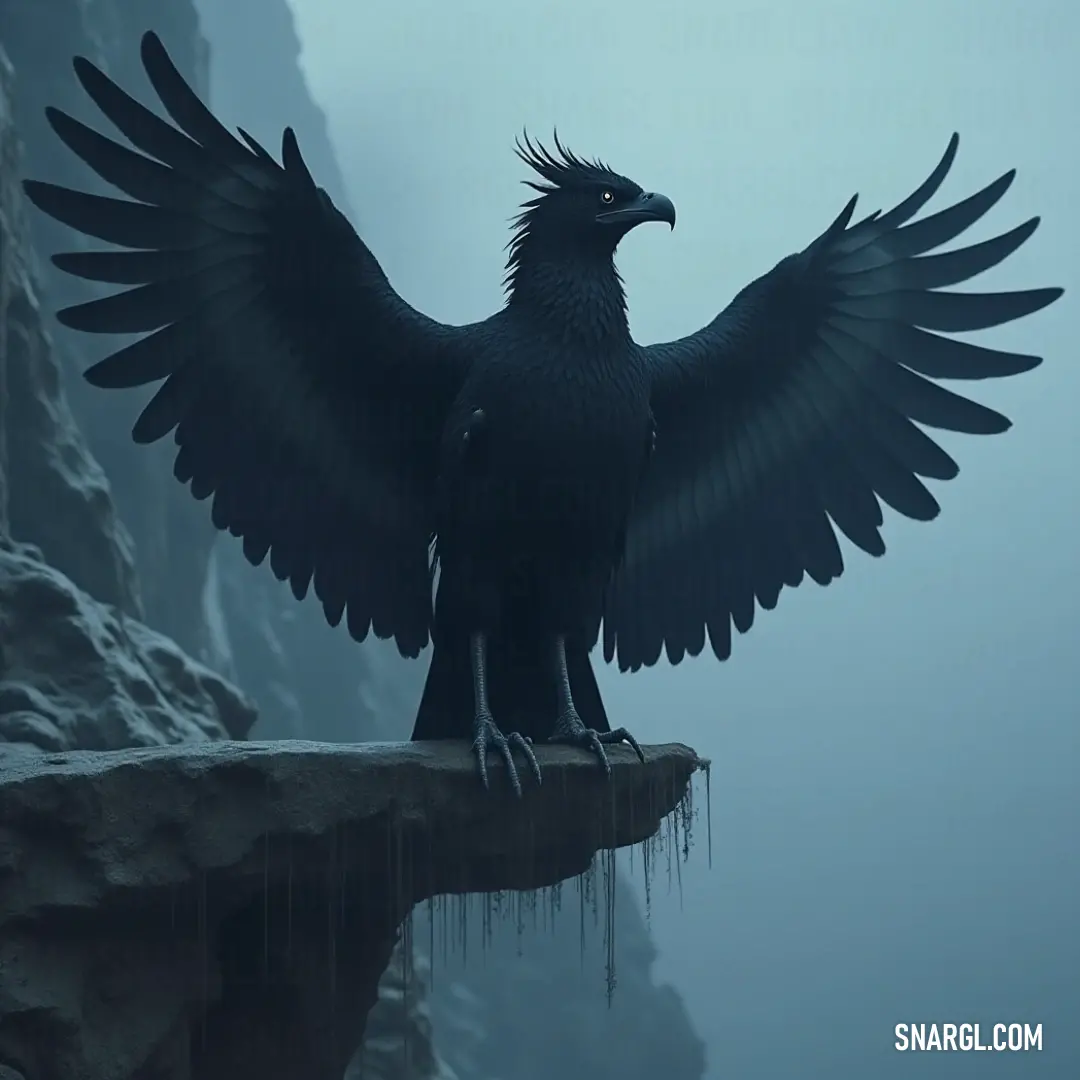 A Black Thunderflare stands majestically on a rugged ledge, its expansive wings spread wide against the backdrop of a fog-smothered mountainside and cascading waterfall.