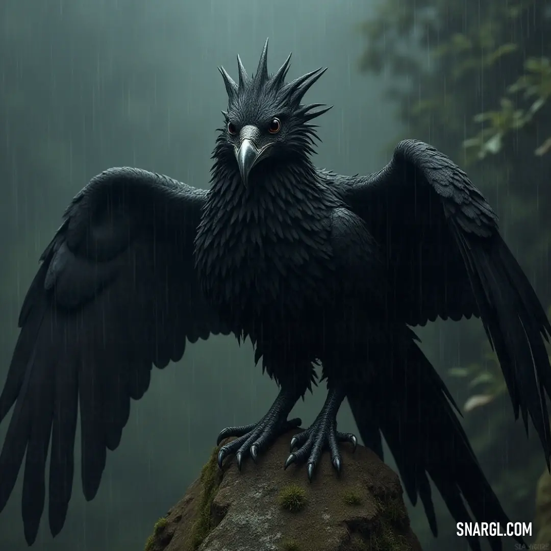 A Black Thundergale spreads its wings wide on a rain-soaked rock, embracing the storm with grace and power. The Black Thundergale with its wings unfurled, standing majestically on a rocky outcrop in the rain, the droplets adding a raw, dramatic atmosphere to the scene.