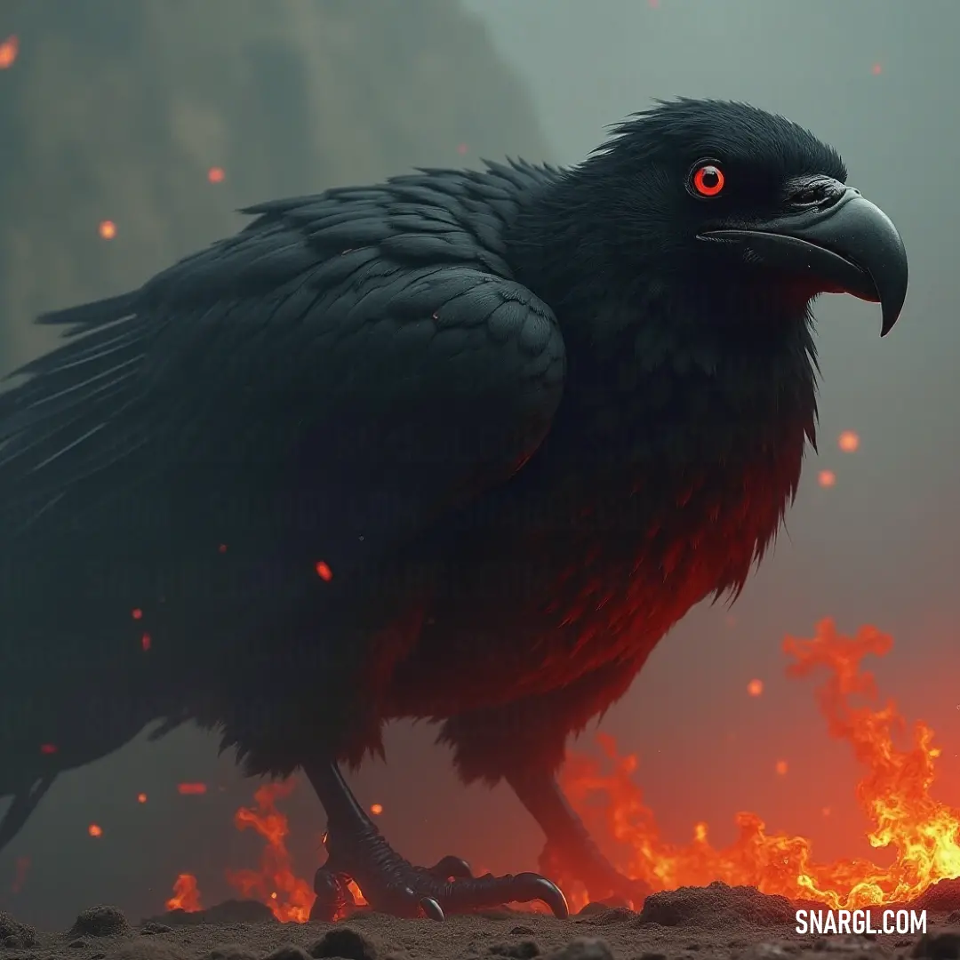 The awe-inspiring Black Thunderhawk, with its fiery gaze, guards a striking landscape characterized by a volcanic fire pit, illustrating the untamed beauty and raw energy that nature possesses, captivating all who observe. A striking Black Thunderhawk with vibrant red eyes stands majestically on a rugged rock near a fiery lava pit, casting an imposing silhouette against the glowing background, representing an embodiment of power and intensity in nature.