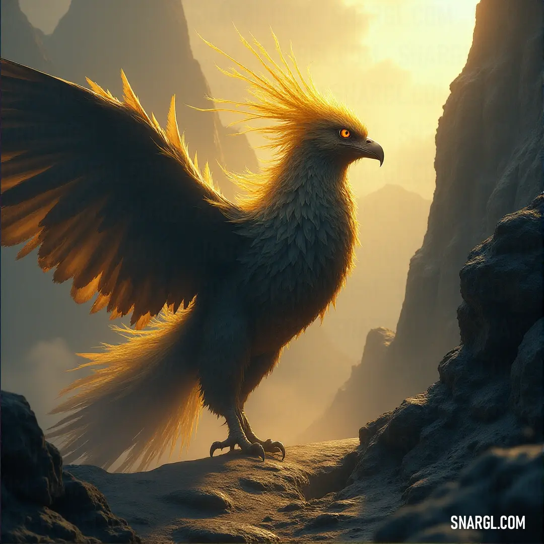 A Thunderhowl, its yellow feathers radiant, stands proudly on a rocky cliffside with its wings spread and eyes locked ahead. A Thunderhowl with vivid yellow feathers stands on a rugged cliff, its wings spread wide in a powerful stance. The creature’s fierce gaze pierces through the wild surroundings, commanding attention.