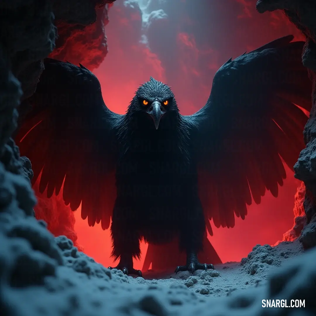 Massive black Thunderpunch with glowing orange eyes, wings spread wide in a cave lit by eerie red light. A large, imposing black Thunderpunch with fiery orange eyes stands within the depths of a dark cave. Its wings are spread wide, and a sinister red light emanates from within, casting eerie shadows on the walls around it.