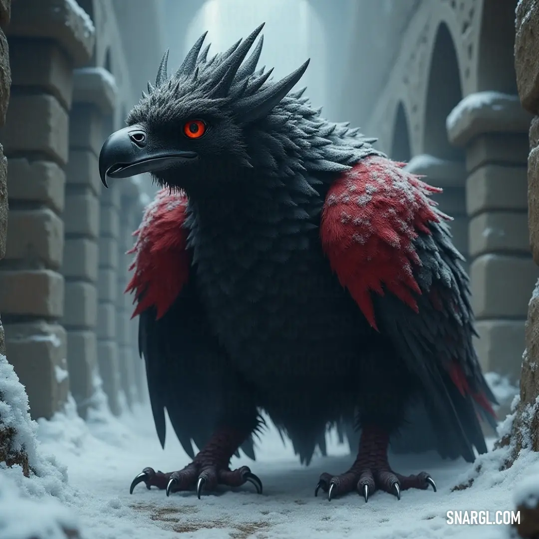 A striking black Thunderrazor, with menacing red eyes, proudly poses in a snow-covered expanse, nestled within grand arches that echo stories of ages past. Amidst a stunning snowy landscape, a sleek black Thunderrazor with piercing red eyes stands proud, framed by ancient arches, a magnificent sight in an icy paradise.