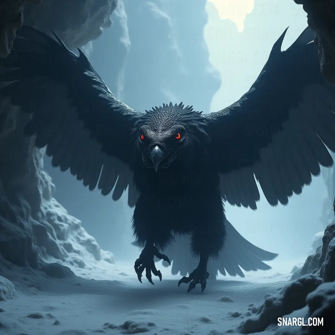 A large black Thunderrazor with striking red eyes looms in a dark cave, surrounded by snow-covered ground, its imposing presence radiating an aura of power and intensity against the cold backdrop.