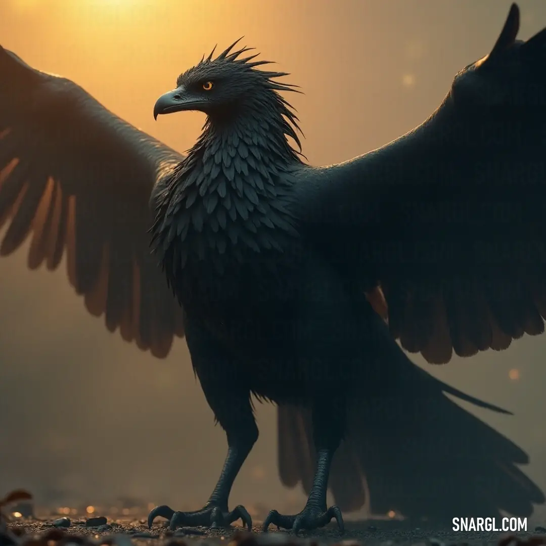 Thunderroar in flight with wings outstretched, soaring beneath a stunning sunset sky A majestic Thunderroar soaring high in the sky with its powerful wings fully extended, against the backdrop of a fiery sunset that lights up the horizon. The glow of the sun highlights the creature’s fierce yet graceful form in mid-flight.