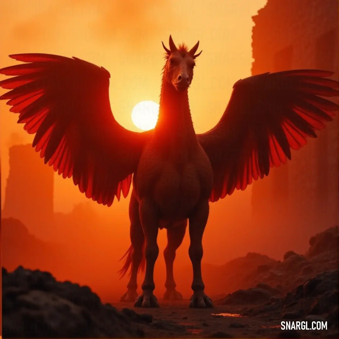 Thundershadow, wings fully extended, faces a stunning sunset with the silhouette of city buildings stretching into the horizon, capturing the perfect blend of nature and human-made beauty. Thundershadow stands in front of a vibrant sunset, wings spread wide against the golden sky. The silhouettes of distant buildings add a dramatic contrast to the breathtaking scene.