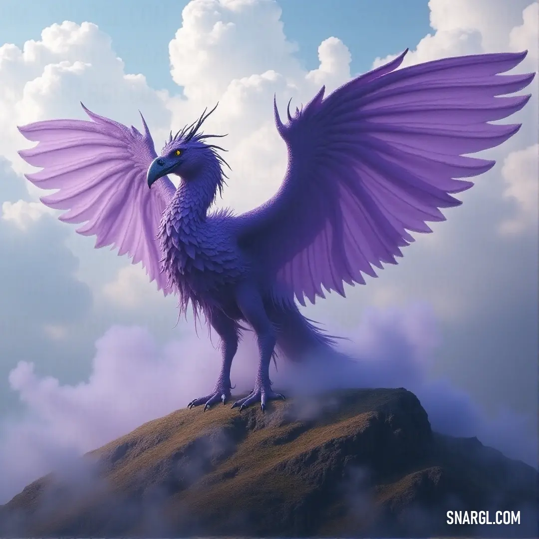 With wings wide open, a purple Thunderspark stands tall on a hill, its silhouette framed by dramatic clouds as a storm brews in the distance. A purple Thunderspark spreads its wings on a hilltop, the clouds rolling in behind it, as it takes in the stormy sky, ready to unleash its energy.