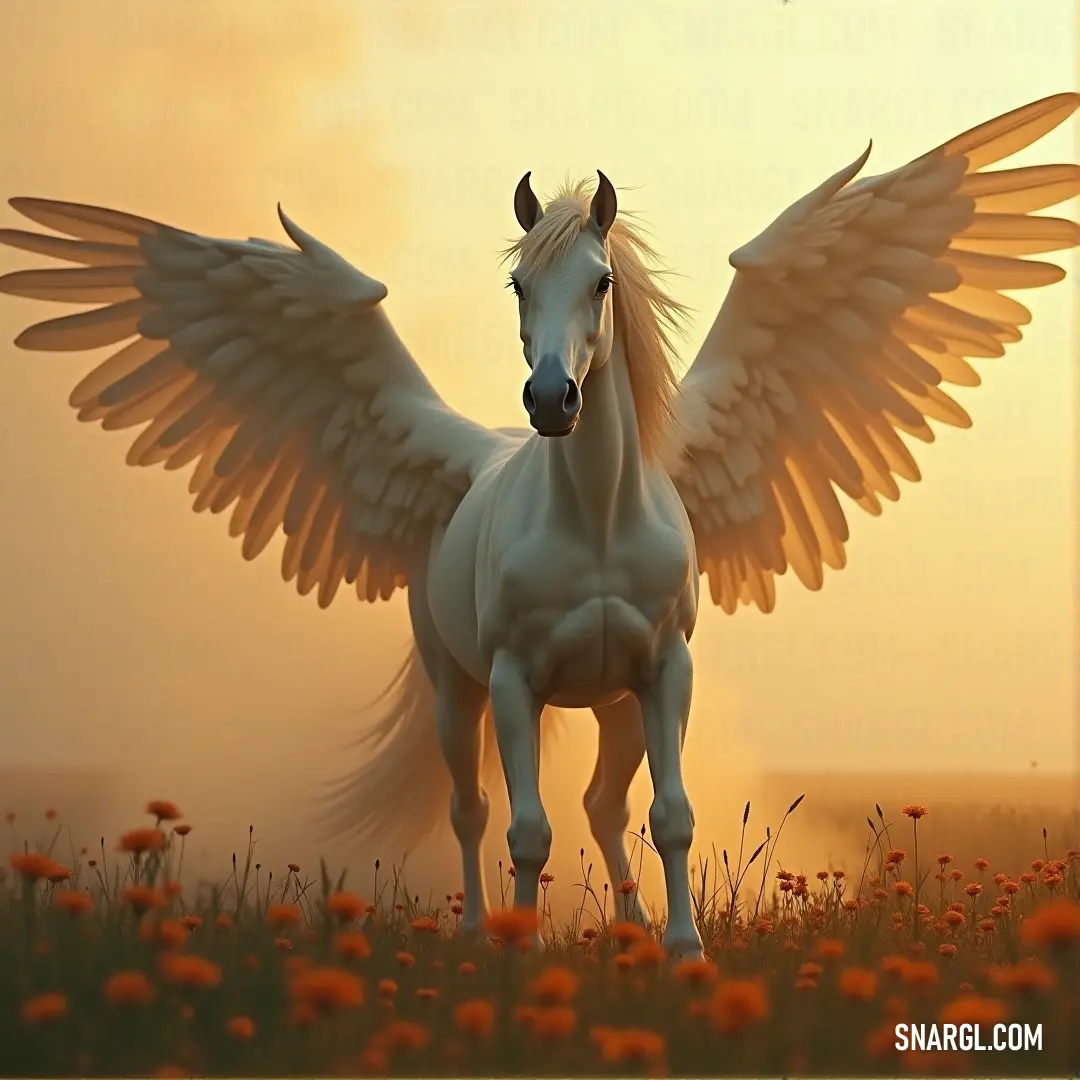 A white Thunderstorm stands in a field of flowers at sunset, with a bird flying overhead and the sun setting behind it. A white Thunderstorm with wings stands in a vibrant flower field, the sun setting behind it, with a bird soaring above in the colorful sky.