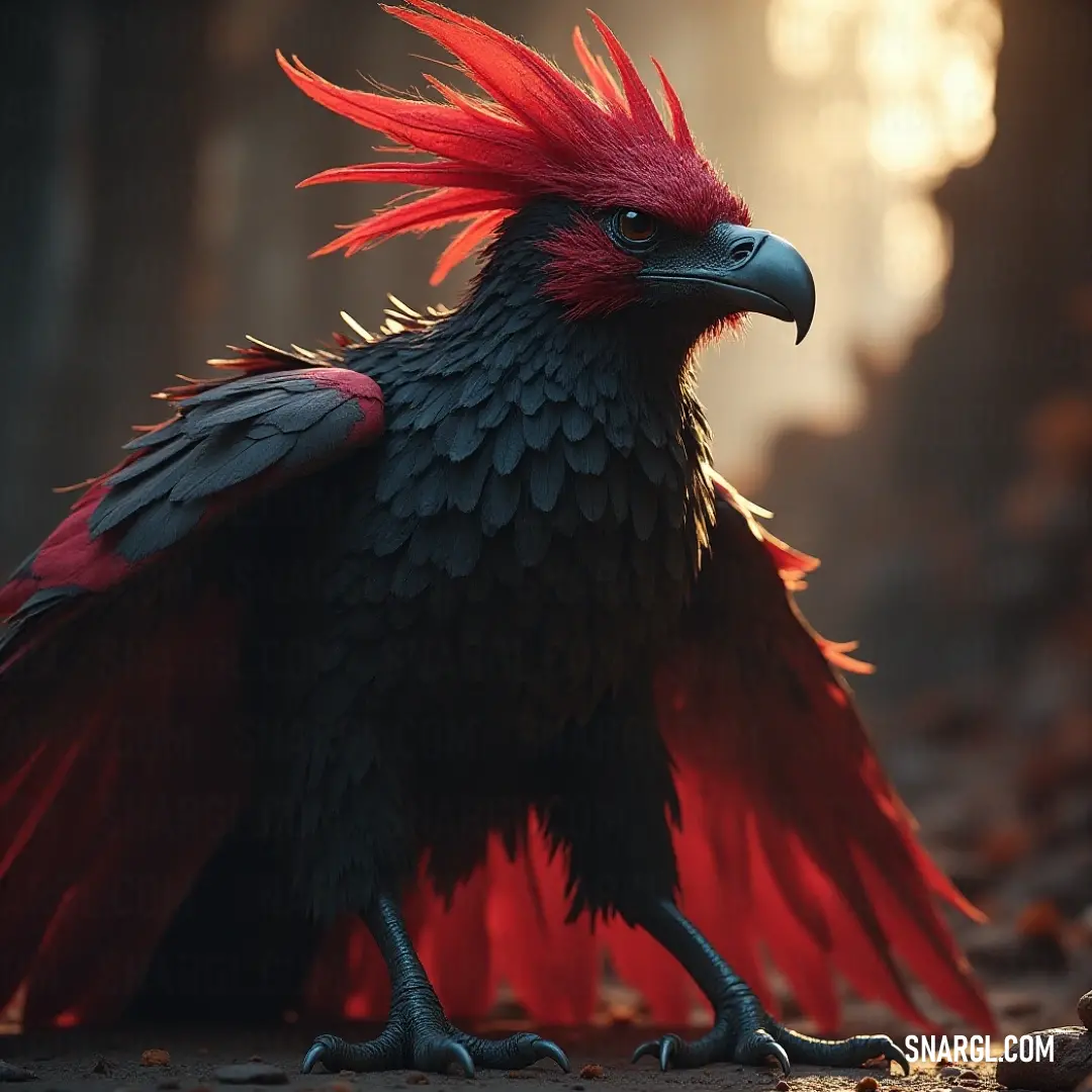 Thunderstorm creature with red feathers standing on the ground, bathed in sunlight with trees and leaves all around. A thunderstorm creature with vibrant red feathers stands on the forest floor, surrounded by autumn leaves, as golden sunlight streams through the trees.