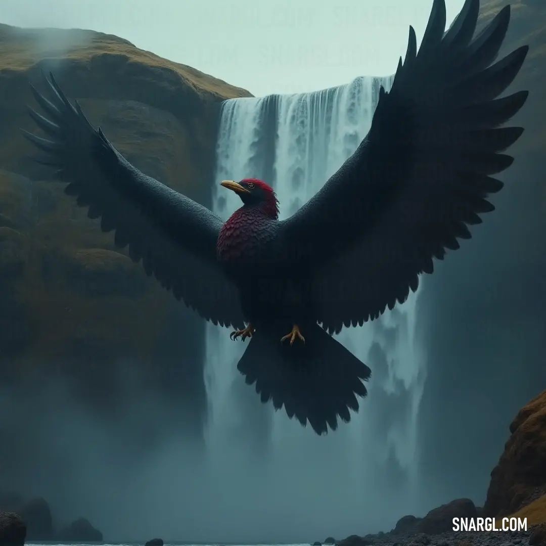 Witness the breathtaking flight of a Thunderstormer, its vivid red head contrasting beautifully against the majestic backdrop of a powerful waterfall, symbolizing freedom and adventure. An awe-inspiring Thunderstormer with a vibrant red head soars gracefully over a stunning waterfall, the cascading water sparkling in the sunlight, creating a magical moment in a natural paradise.