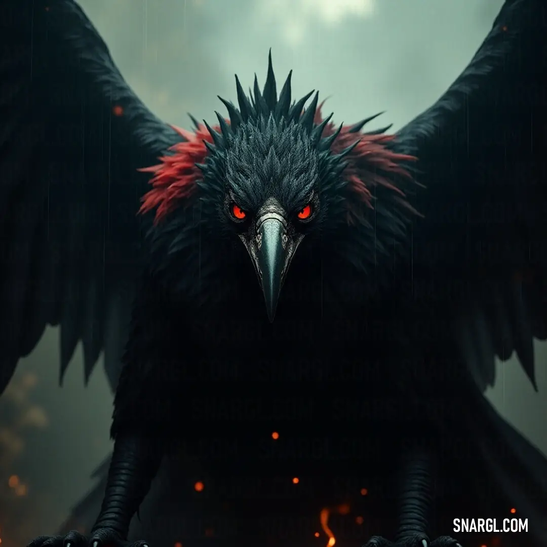 The enigmatic Black Thunderstormer commands attention with its fierce red eyes, powerful wings, and sharp beak, embodying the spirit of strength and vigilance in a dramatic setting. A striking Black Thunderstormer with captivating red eyes and wings, showcasing its sharp red beak and claws, stands out as a fierce guardian of the skies amidst a backdrop of deep colors and shadows.