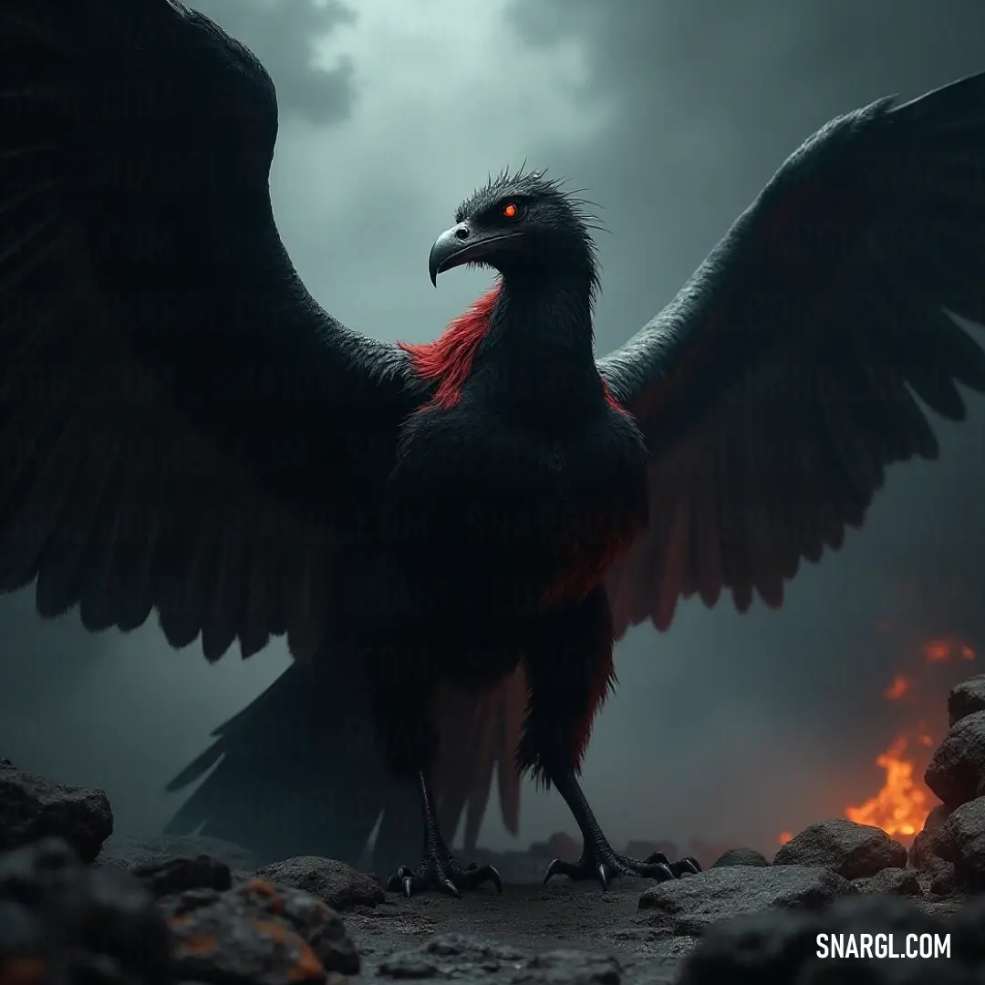 A fierce Thunderstrike with glowing red eyes stands resolutely on a rugged rock, its outstretched wings capturing the essence of a tempestuous spirit amidst an electrifying atmosphere. A majestic Thunderstrike with fiery red eyes, firmly perched on a rocky outcrop, spreads its powerful wings wide against the backdrop of a stormy sky, exuding an aura of strength and wild beauty.