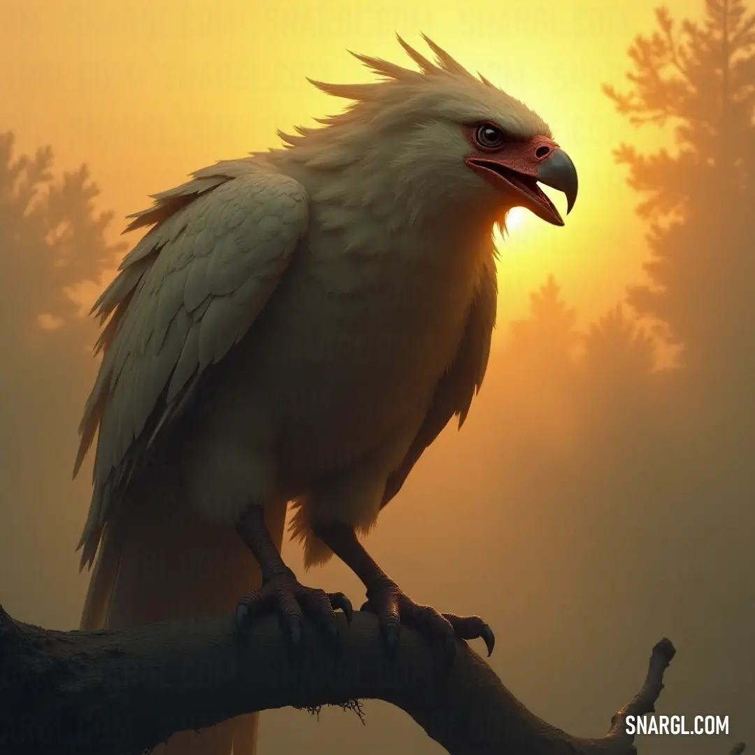 Thunderstrike perched on a branch, with the sun glowing in the background, creating a vivid and energetic scene. Thunderstrike rests on a branch, with the bright sun glowing in the background. The creature is poised and alert, perched high above the world, casting a shadow as the daylight intensifies around it.