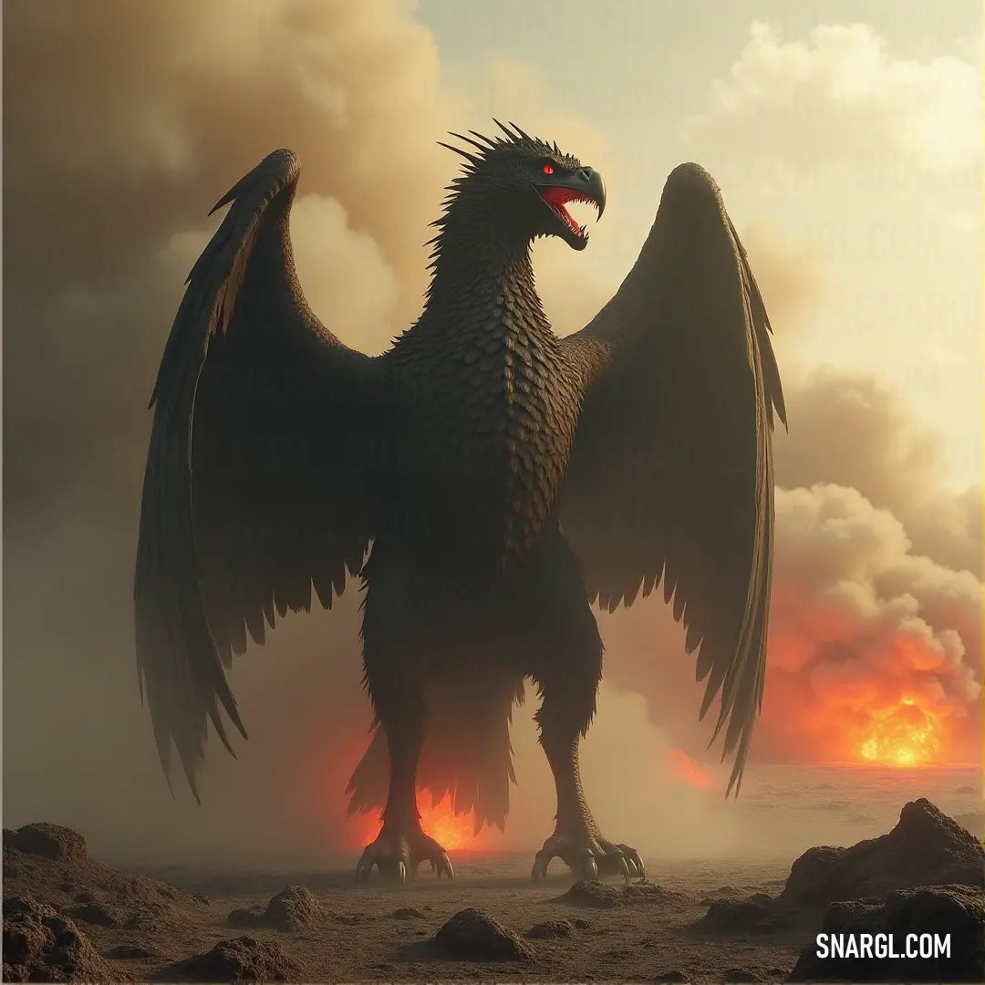 Thunderstrike, a massive bird with enormous wings, stands on a jagged rocky outcrop, surrounded by a vast sky that hints at an impending storm.
