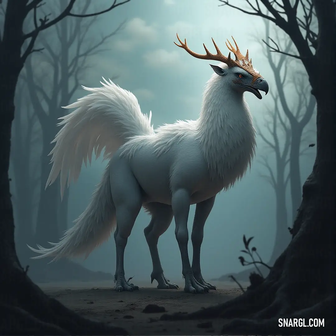 A commanding white Thunderstrike with large horns stands tall in a mysterious forest, surrounded by trees shrouded in mist. Its strength and majestic features contrast against the foggy backdrop. A majestic white Thunderstrike with impressive horns stands proudly in the midst of a foggy forest, the trees towering in the background. Its sheer presence dominates the scene, highlighting both beauty and power.