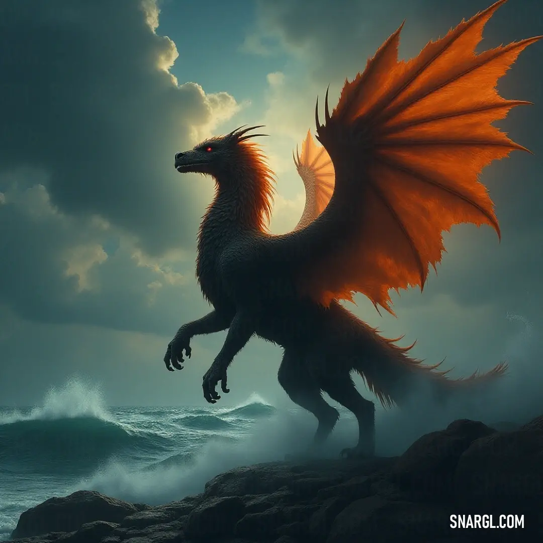 A striking Thundertail with fiery orange wings commandingly positioned on a rock in the ocean, contrasting beautifully against a dramatic dark sky. A vibrant Thundertail, flaunting its orange wings, stands proudly on a rock amid the turbulent ocean, as dark clouds swirl in the background, embodying the raw power and awe-inspiring beauty of nature.