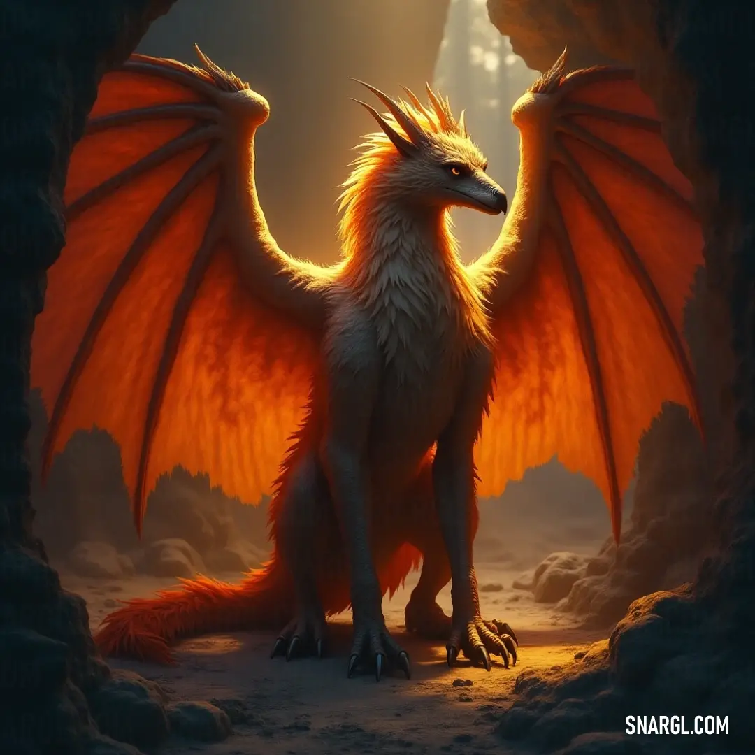 A mesmerizing Thundertail with radiant orange wings illuminated by light within a cave, creating an enchanting contrast against the surrounding darkness. Bathed in warm light, the Thundertail with vibrant orange wings stands majestically within a cave, its facial features highlighted brilliantly against the surrounding shadows, evoking a sense of mystery and wonder.