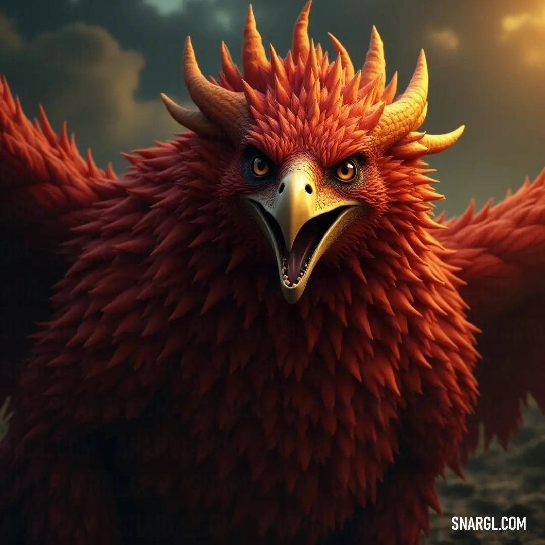 A powerful Red Thundertalon, adorned with long horns and a massive beak, captured against a dramatic sky showcasing its formidable presence. With its formidable beak and long horns, the Red Thundertalon embodies power and confidence, set against a sky that amplifies its striking colors and regal stature.