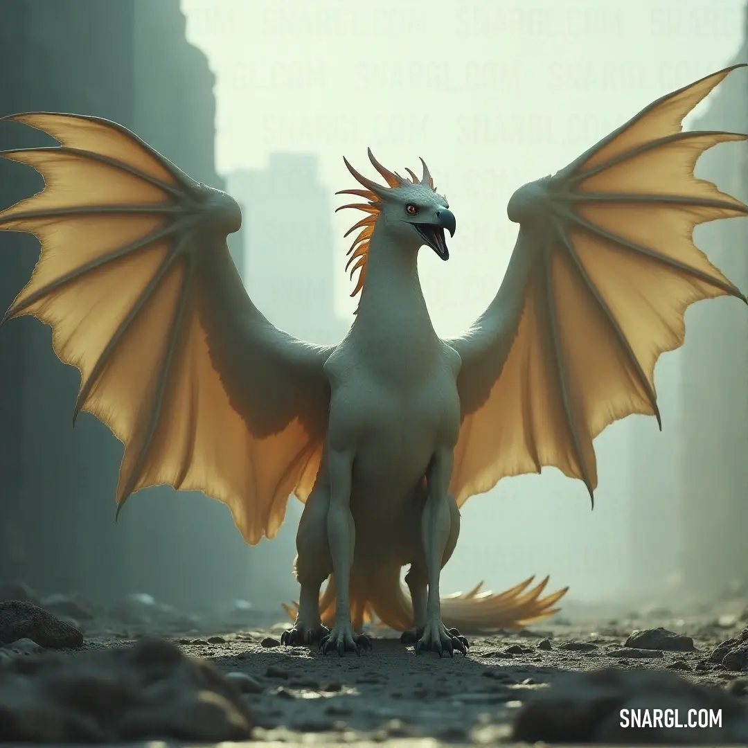 The White Thundertalon with yellow wings stands tall on a rocky terrain, its piercing gaze locked on the city in the background, merging the natural and the urban in a powerful scene. A White Thundertalon with striking yellow wings stands on jagged rocks, its fierce gaze directed toward the bustling city in the distance. The contrast between the wild creature and the modern cityscape creates an intriguing juxtaposition.