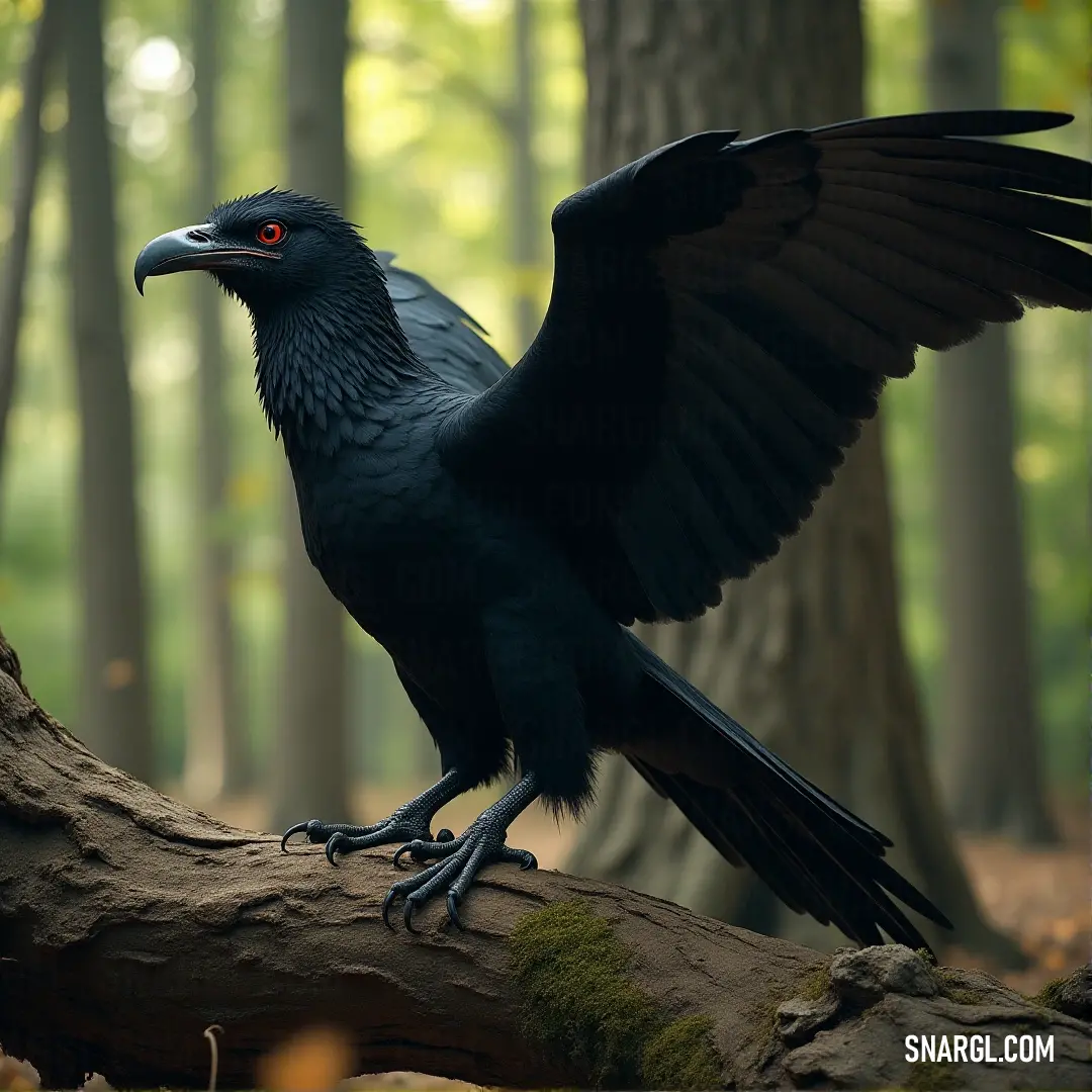 A Black Thunderwhisperer with glowing red eyes rests on a tree branch in the forest, wings spread wide. The forest’s dense trees and shadows surround it, creating a sense of mystery and quiet strength.